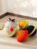 Little Pets Club Orbit Bounce Planet Cat Toy with spring pom poms and scratching surface. Available in orange, yellow, and green.