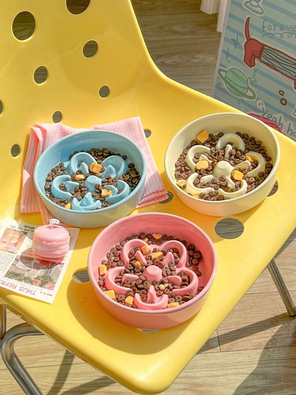 Little Pets Club pastel ceramic flower slow feeder pet bowls for cats and small dogs, filled with kibble.