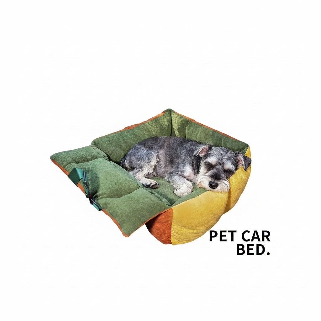 Little Pets Club green and yellow pet car seat bed with a schnauzer sleeping comfortably. Adjustable straps secure the bed to the car seat.