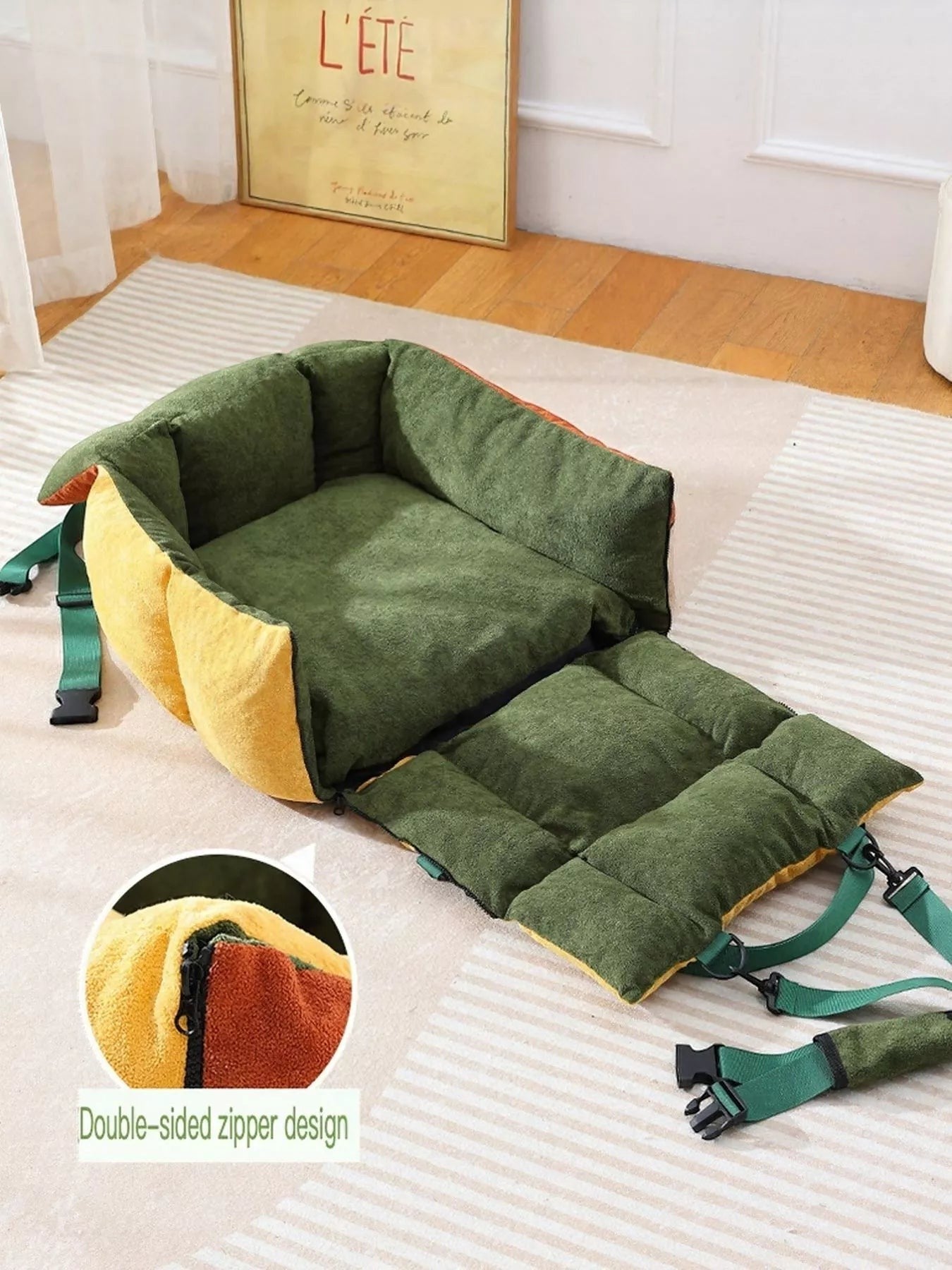 Little Pets Club green and yellow pet car seat bed with adjustable straps and double-sided zipper design.