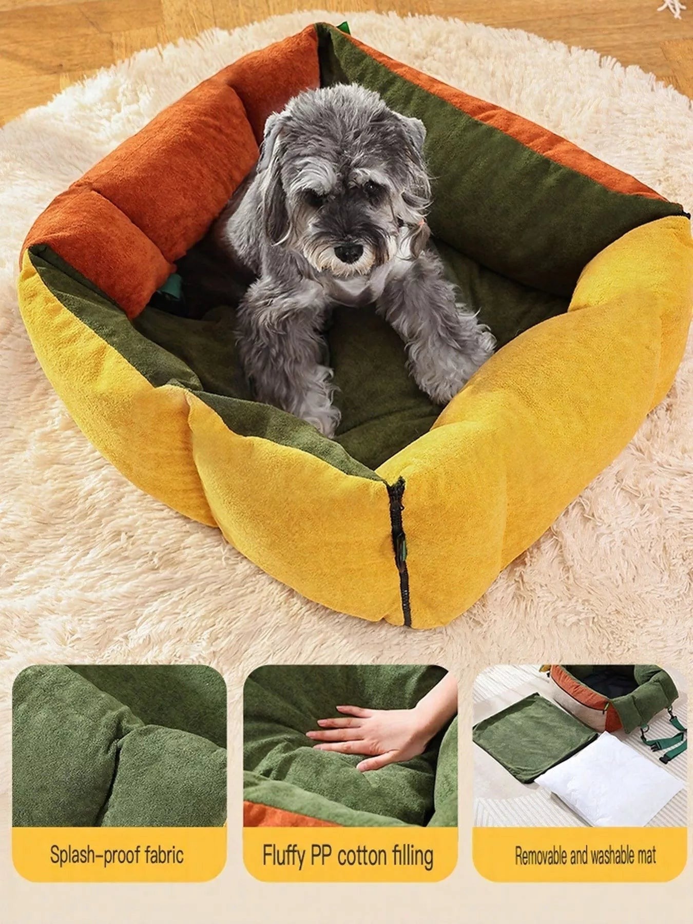 Little Pets Club multi-color pet car seat bed with a schnauzer dog. Features splash-proof fabric, fluffy filling, and removable mat.