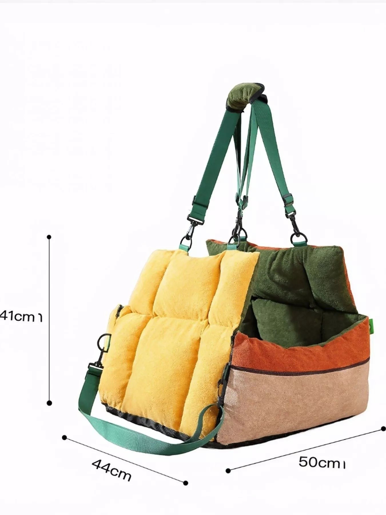 Little Pets Club yellow, green, and tan quilted pet car seat bed with adjustable straps.