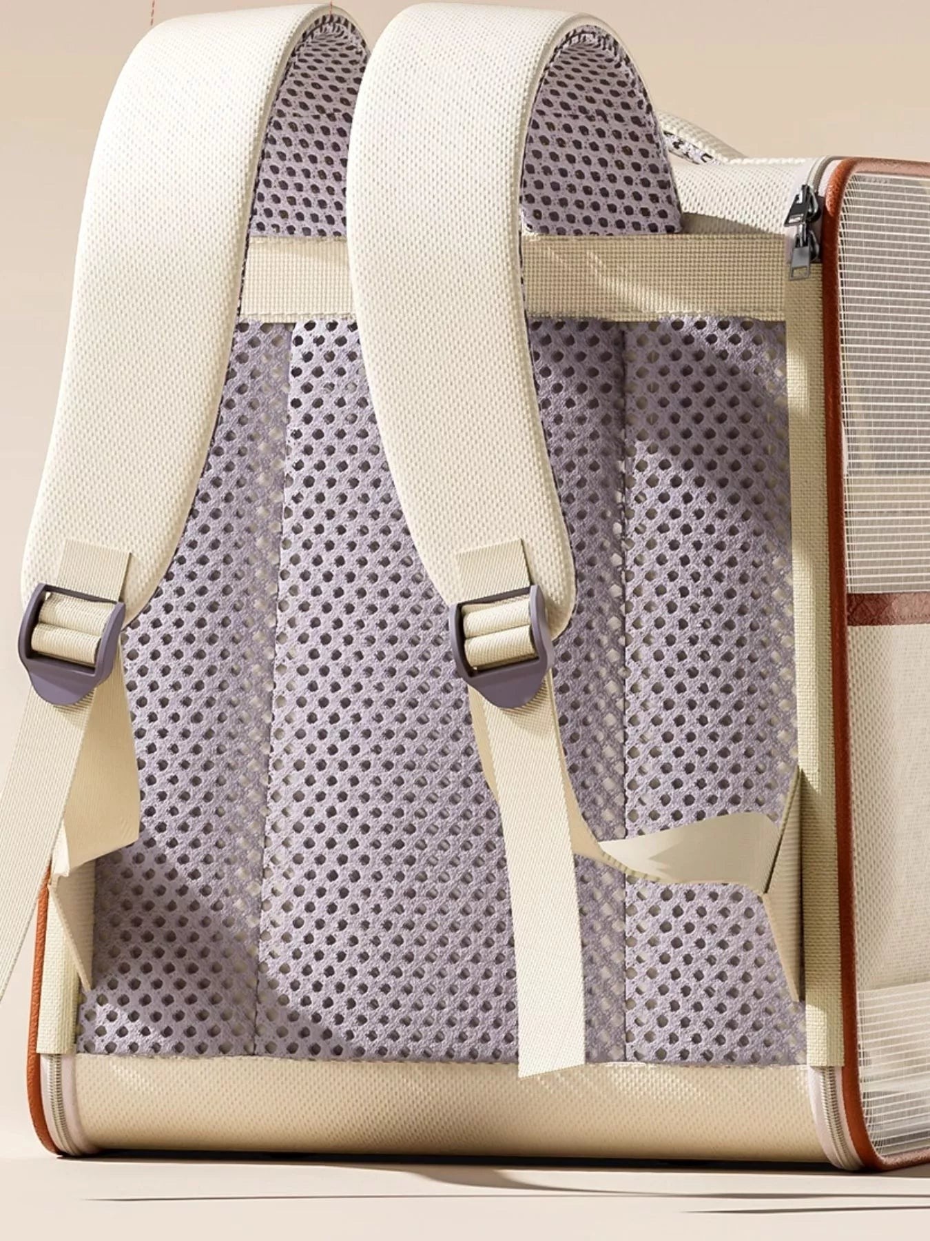 Little Pets Club cream and brown pet carrier backpack with mesh ventilation and adjustable straps.