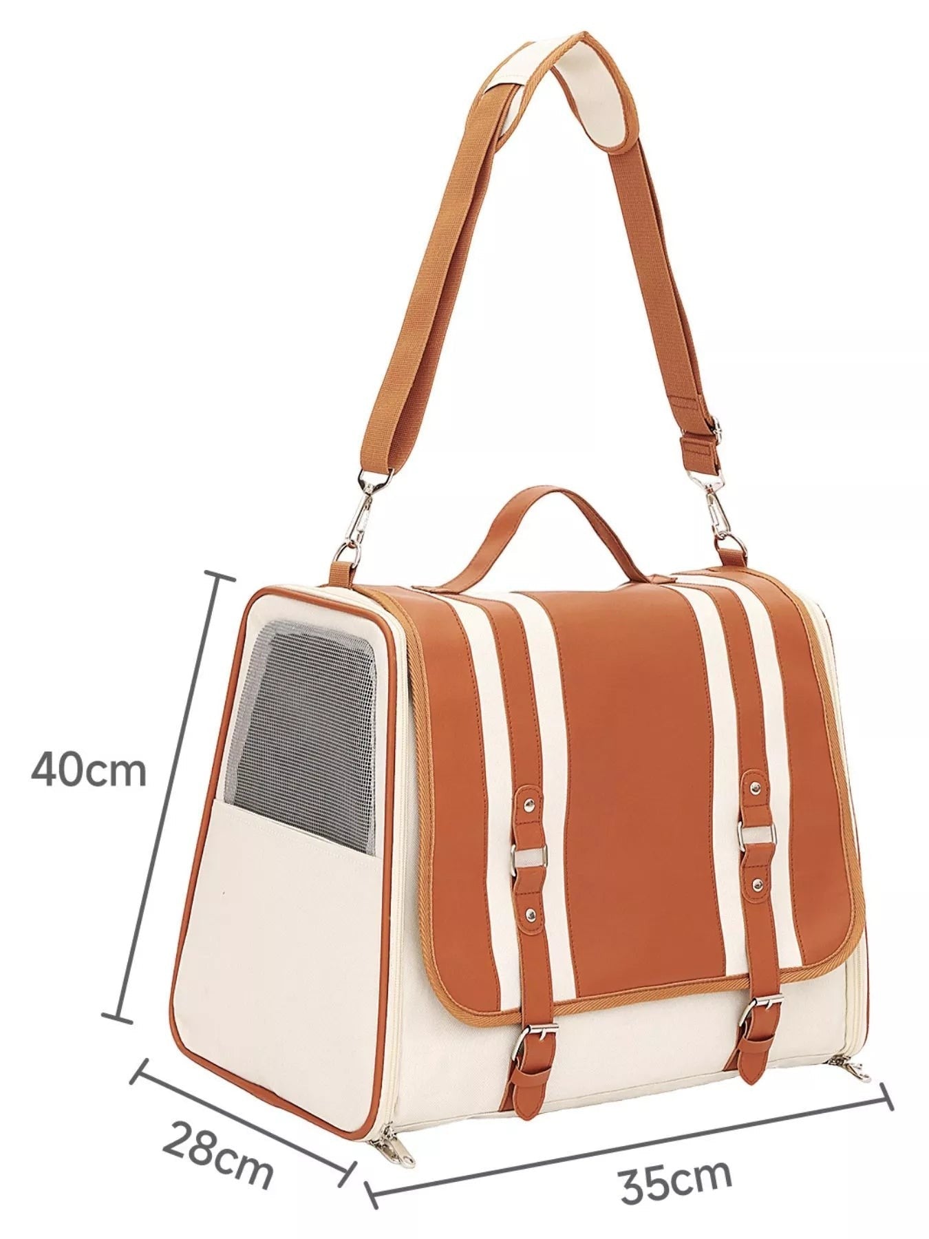 Little Pets Club cream and brown striped pet carrier backpack with mesh ventilation and adjustable straps.