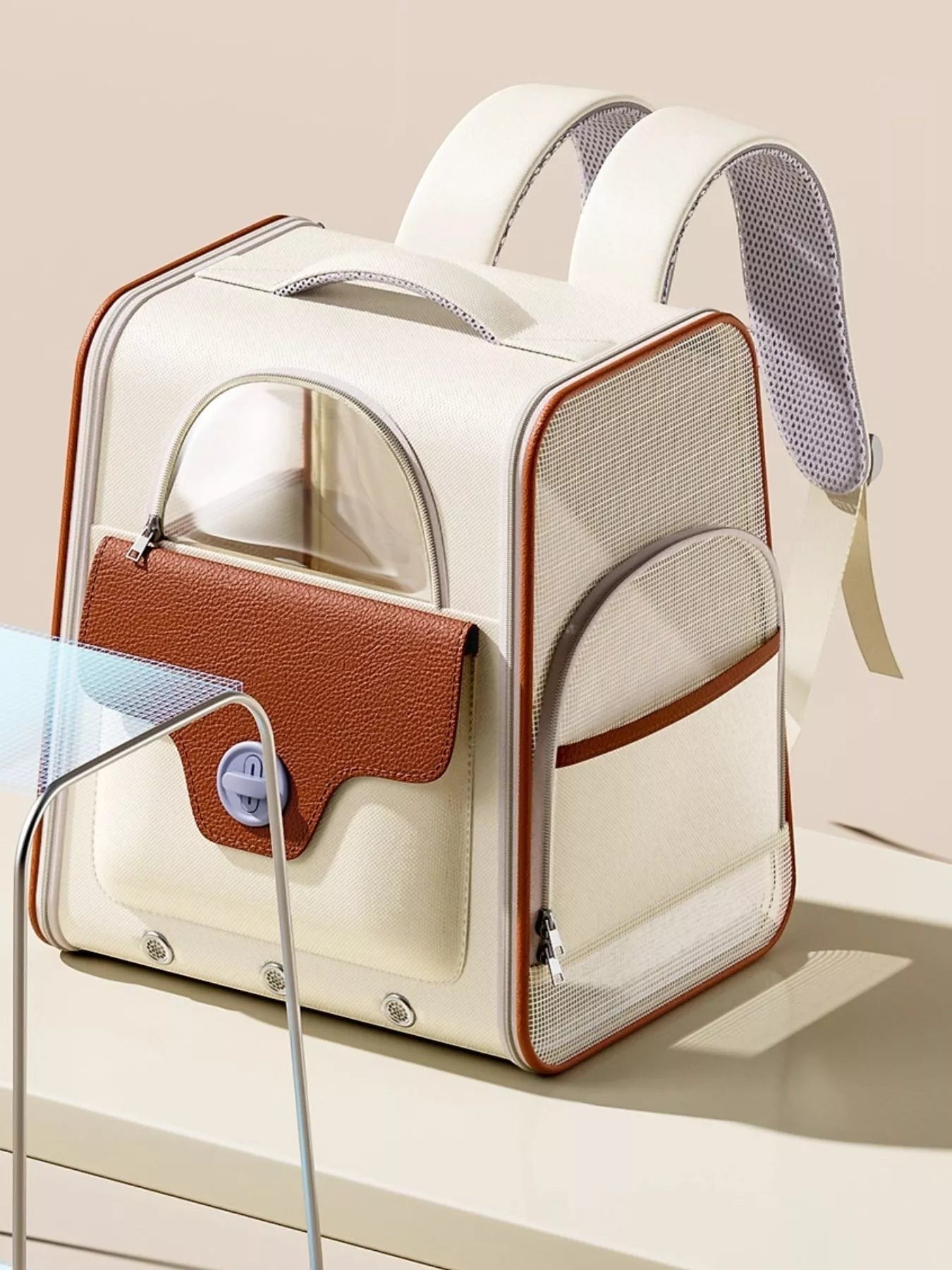 Little Pets Club cream and brown pet carrier backpack with transparent dome and mesh ventilation panels.