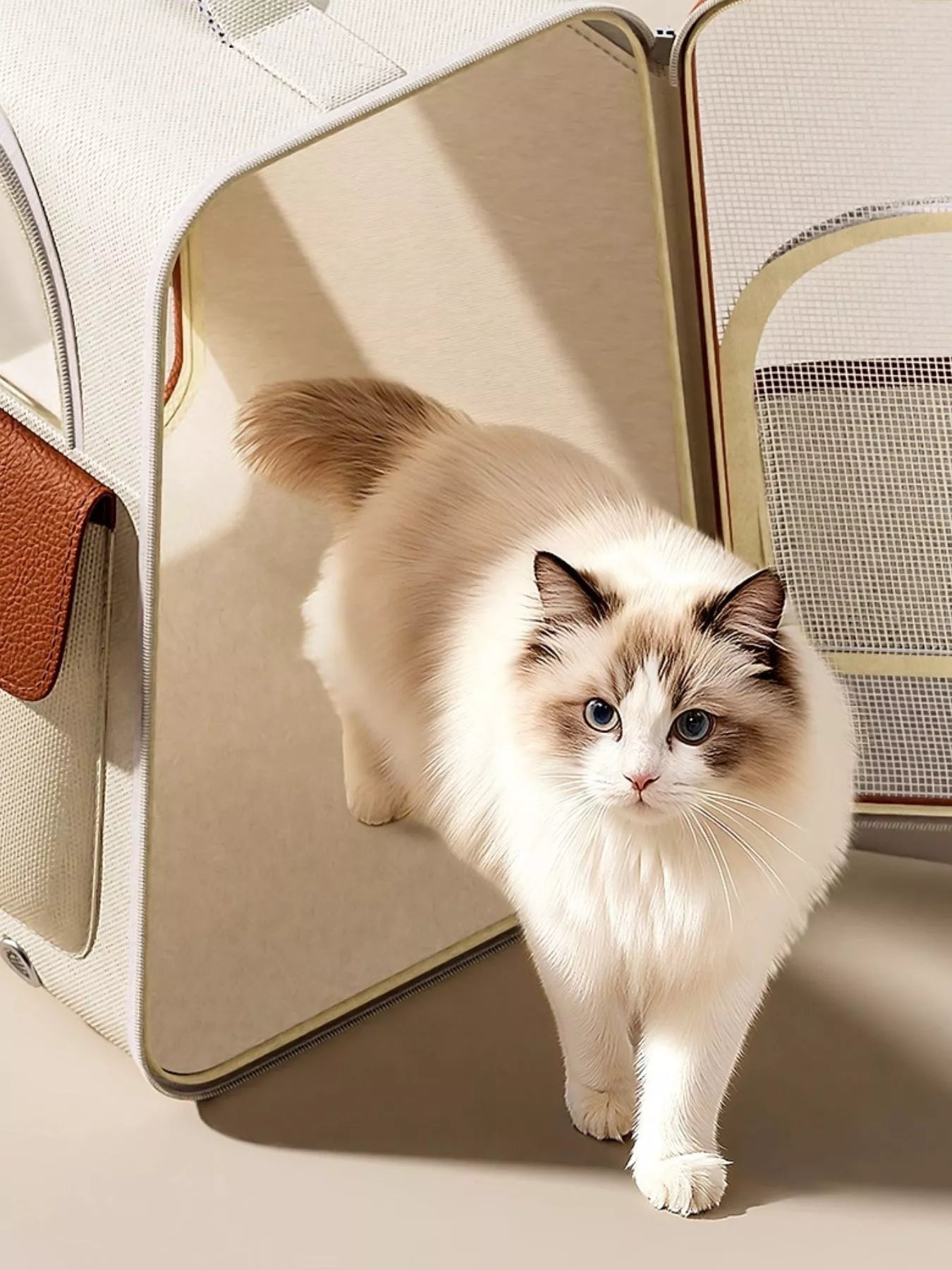Little Pets Club cream and brown pet carrier backpack with a Ragdoll cat emerging. Features transparent dome and mesh.