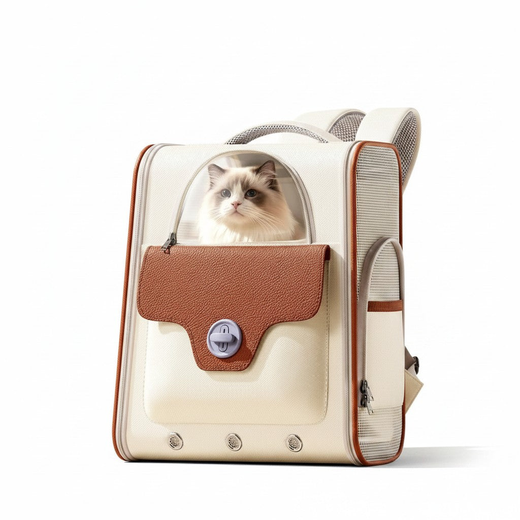 Little Pets Club cream and brown pet carrier backpack with clear front window and a Ragdoll cat peeking out.