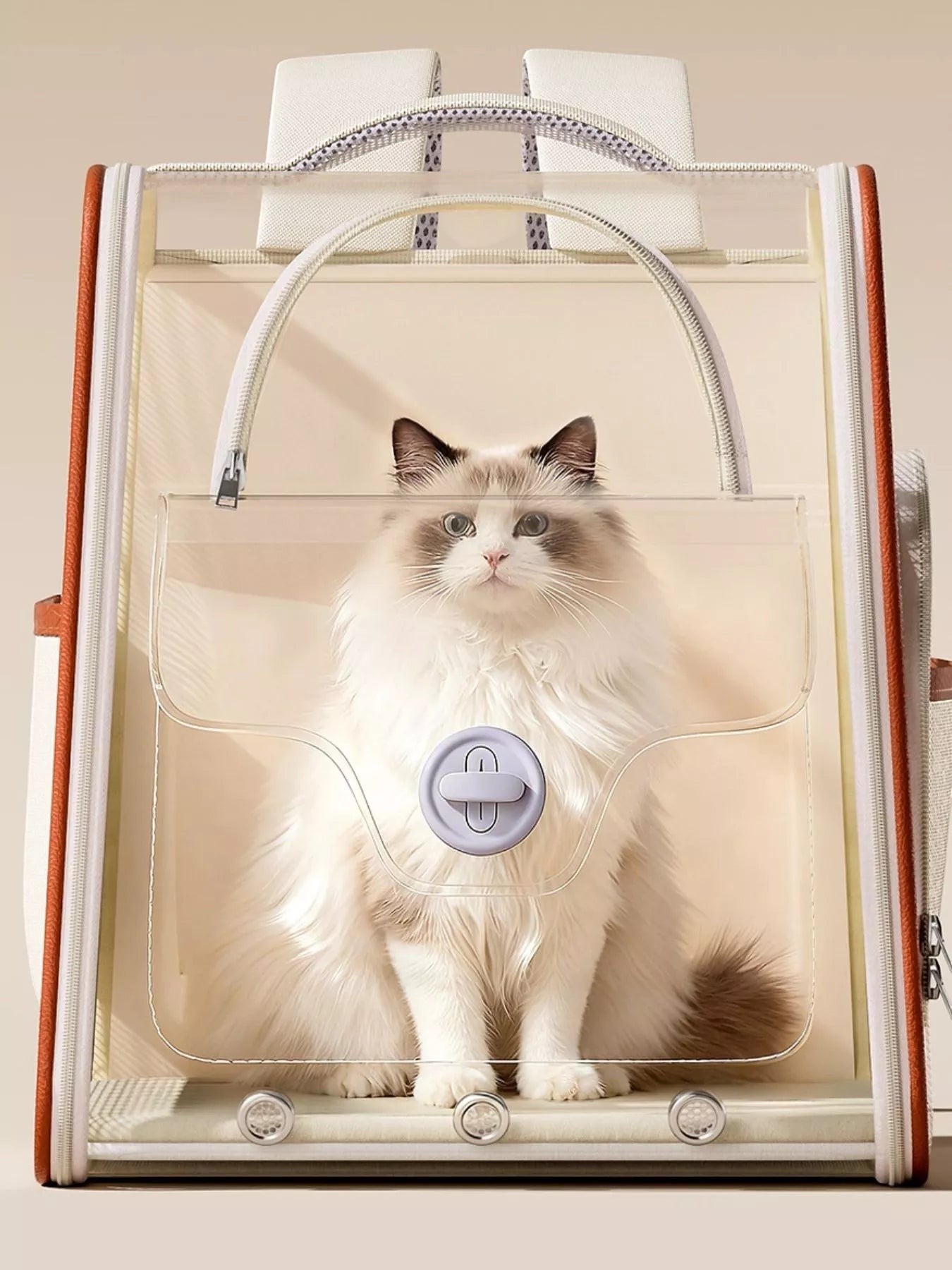 Little Pets Club cream and brown pet carrier backpack with transparent dome, featuring a fluffy white cat inside.