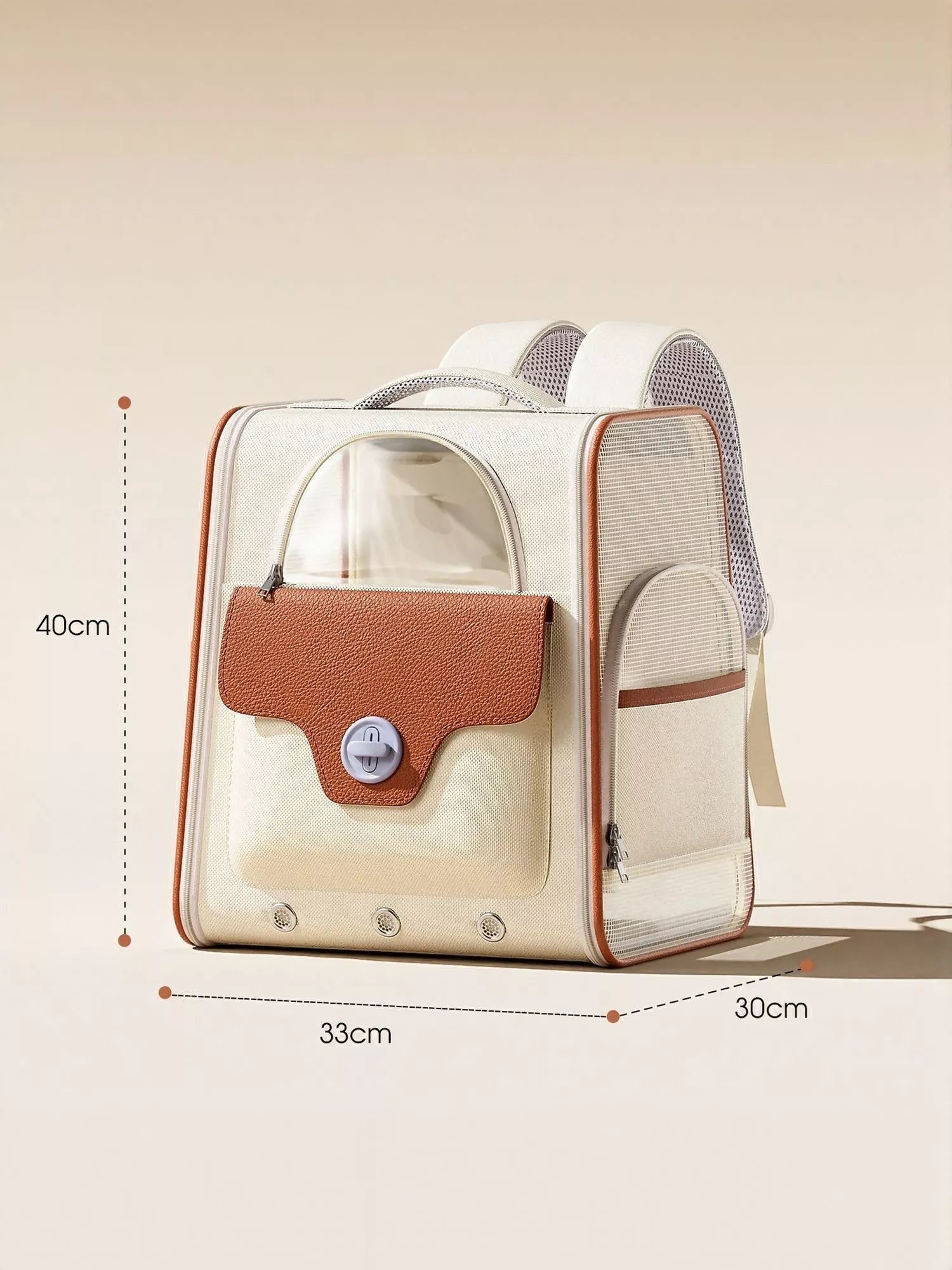 Little Pets Club cream and brown pet carrier backpack with transparent dome and mesh ventilation for travel.