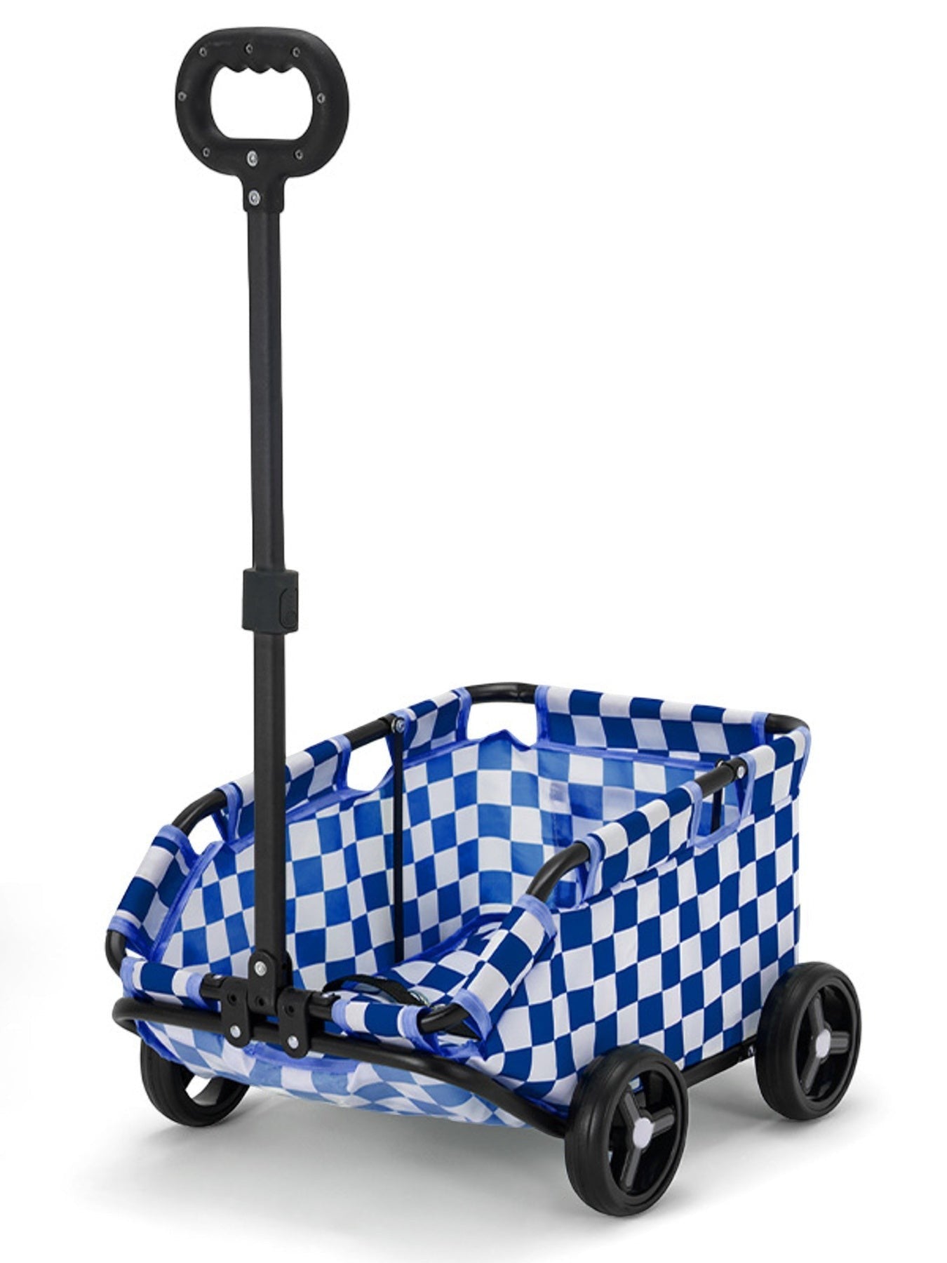 Little Pets Club blue and white checkered portable pet stroller wagon with black handle and wheels.