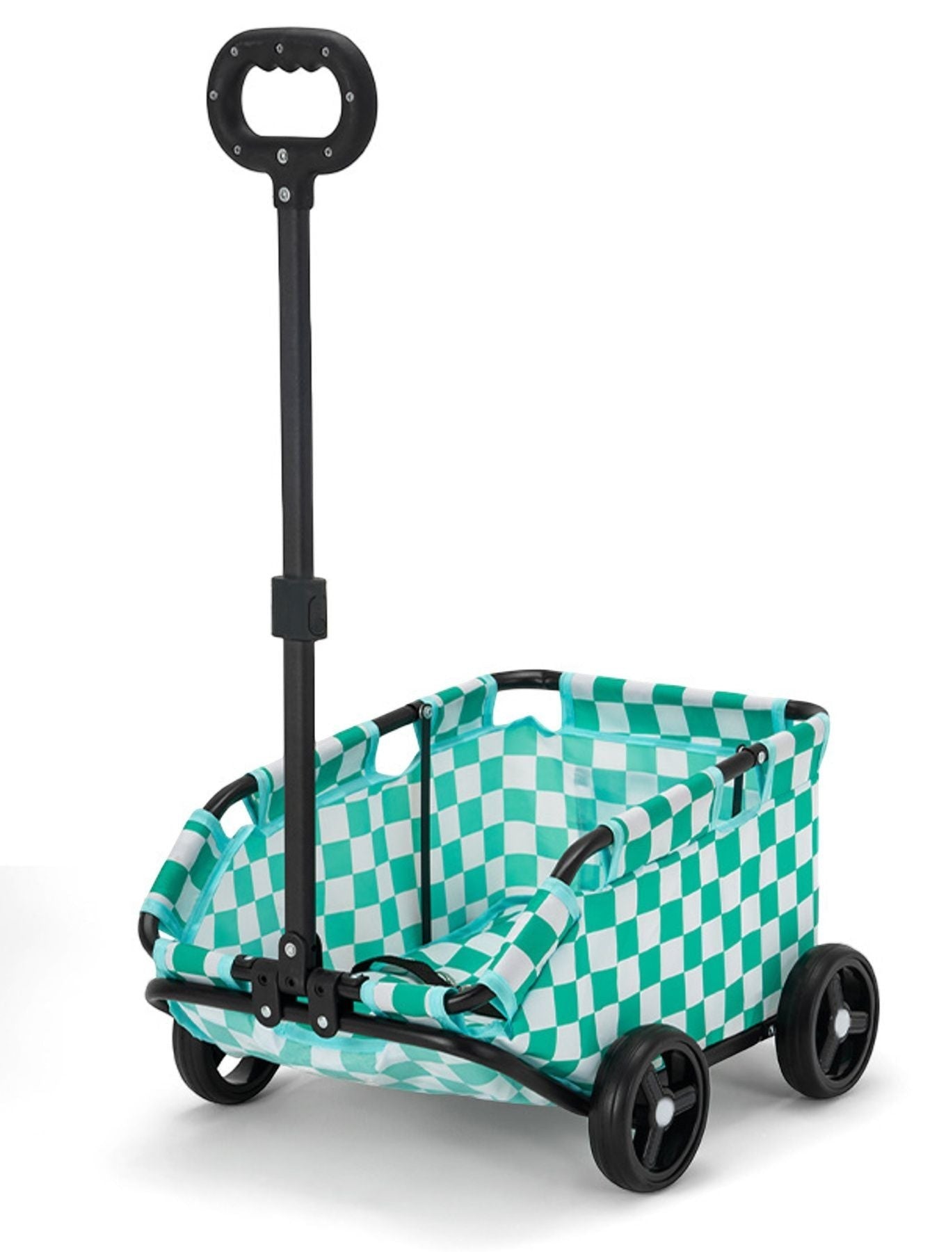 Little Pets Club portable pet stroller wagon with a green and white checkered pattern, adjustable handle, and four wheels.