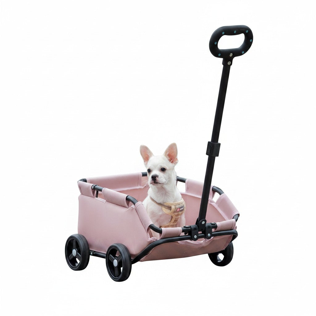 Little Pets Club pink polyester folding pet stroller wagon with a small white dog inside, being pushed by a person outdoors.