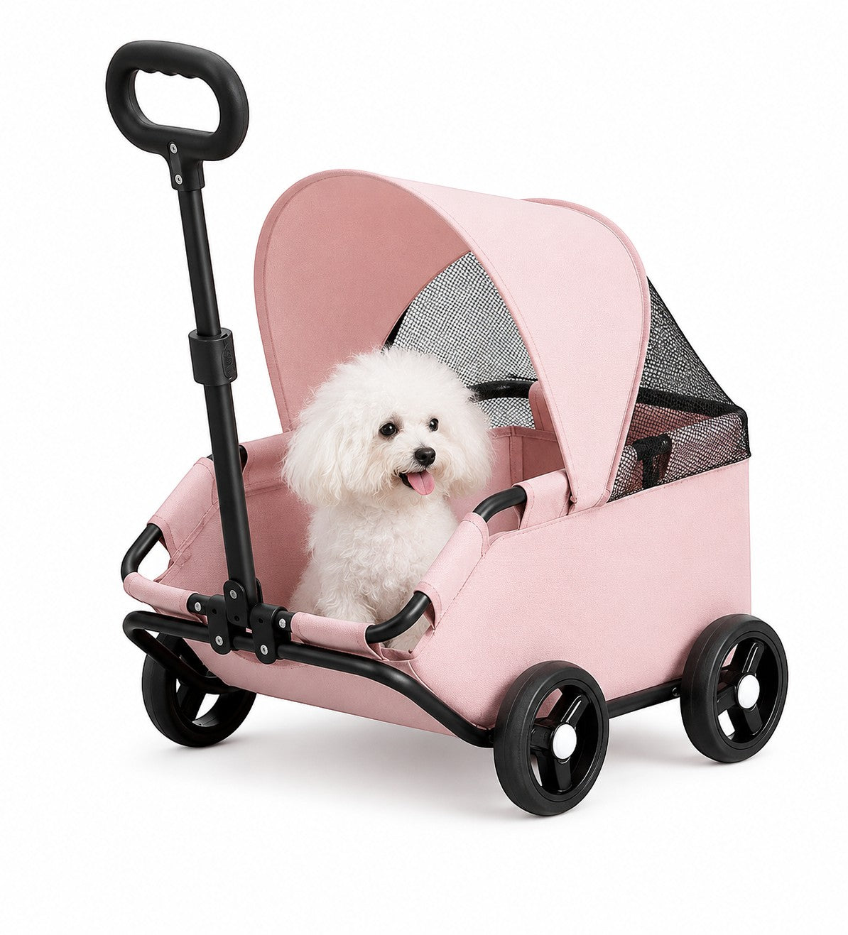 Little Pets Club pink pet stroller with a white Bichon Frise dog sitting inside, featuring a canopy and smooth-rolling wheels.