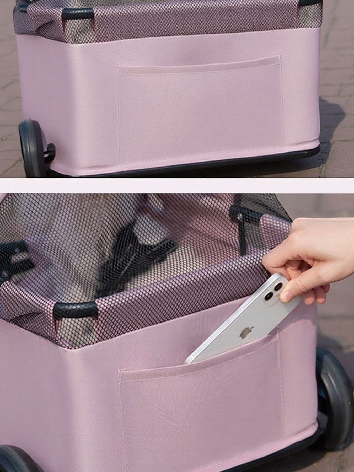 Little Pets Club pink pet stroller with mesh canopy and exterior pockets for small dogs.