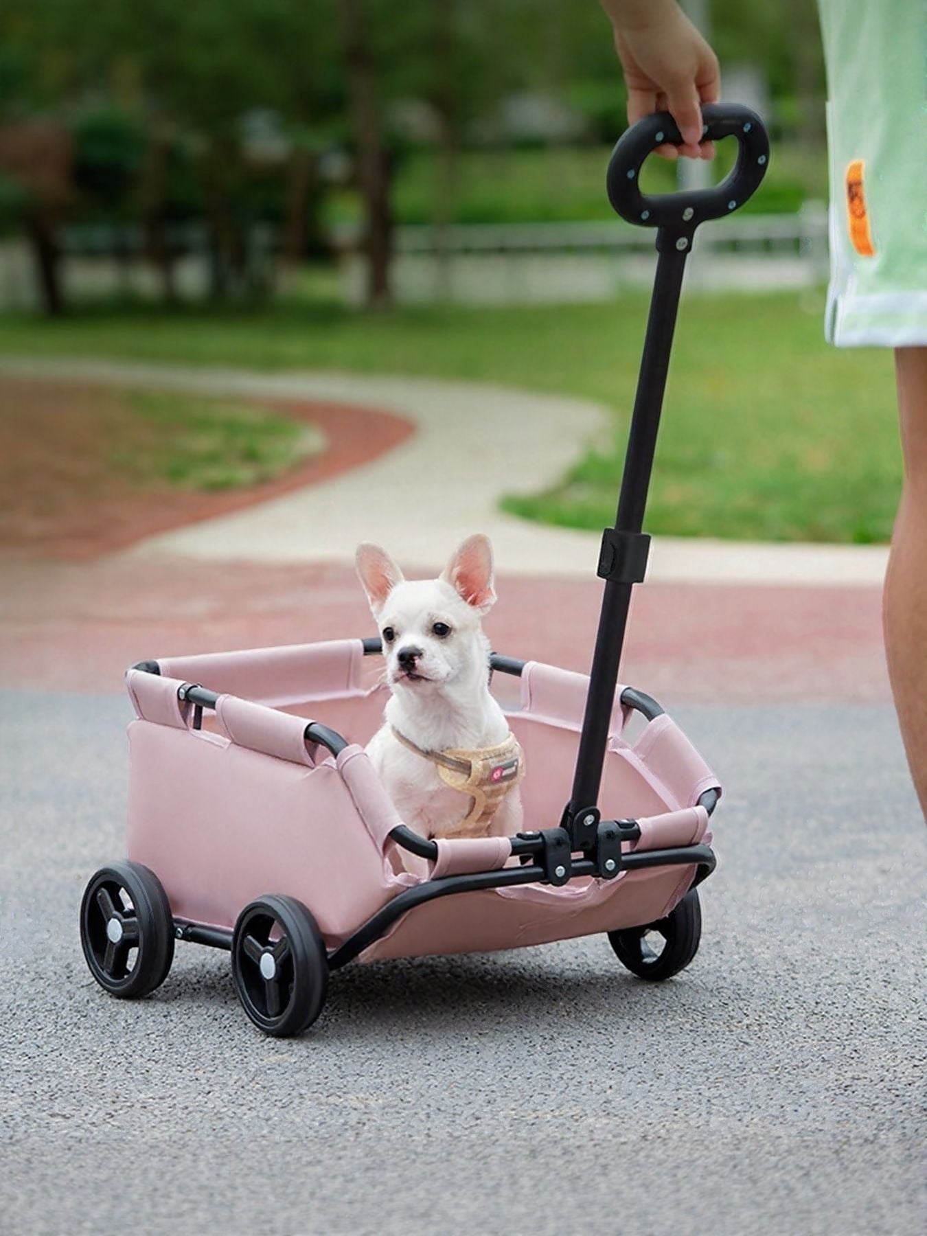 Little Pets Club pink portable pet stroller wagon with a small white dog inside, being pushed by a person outdoors.