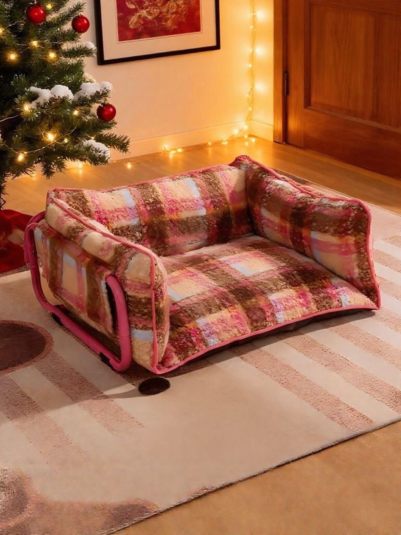 Little Pets Club Retro Plaid Snuggle Sofa bed with raised sides and plush fabric in pink, brown, and cream plaid.