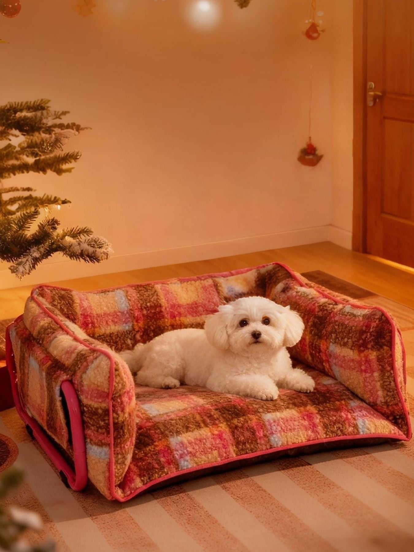 Little Pets Club Retro Plaid Snuggle Sofa with a small white dog resting on it. Features plush fabric and raised sides.