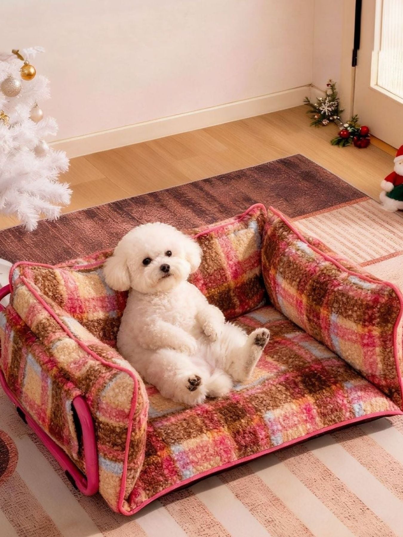 Little Pets Club retro plaid dog sofa bed with raised sides and plush fabric, featuring a small white dog lounging.