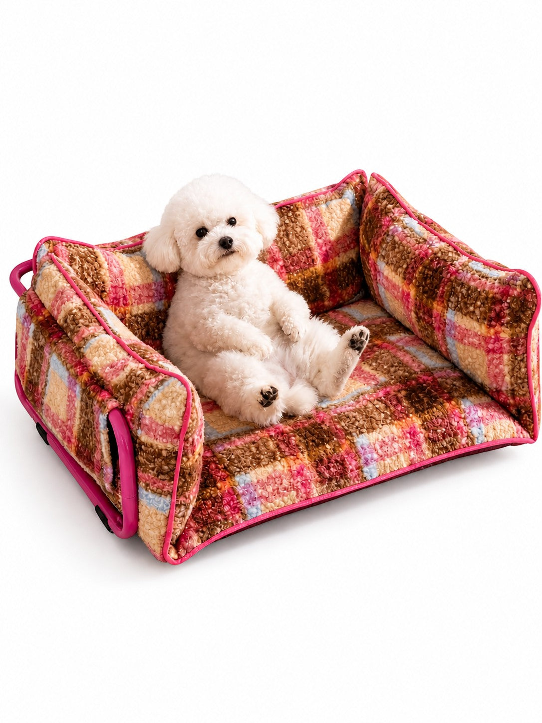 Little Pets Club Retro Plaid Snuggle Sofa dog bed with raised sides and plush fabric, featuring a Bichon Frise dog.