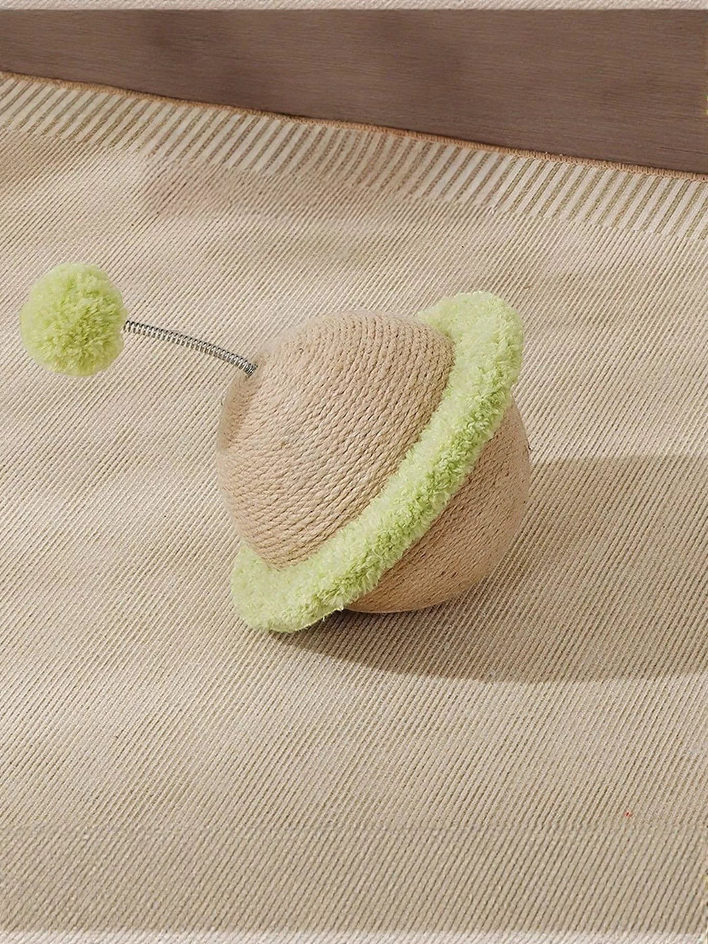 little pets club tan planet cat toy with green pom pom and ring detail, woven scratching surface
