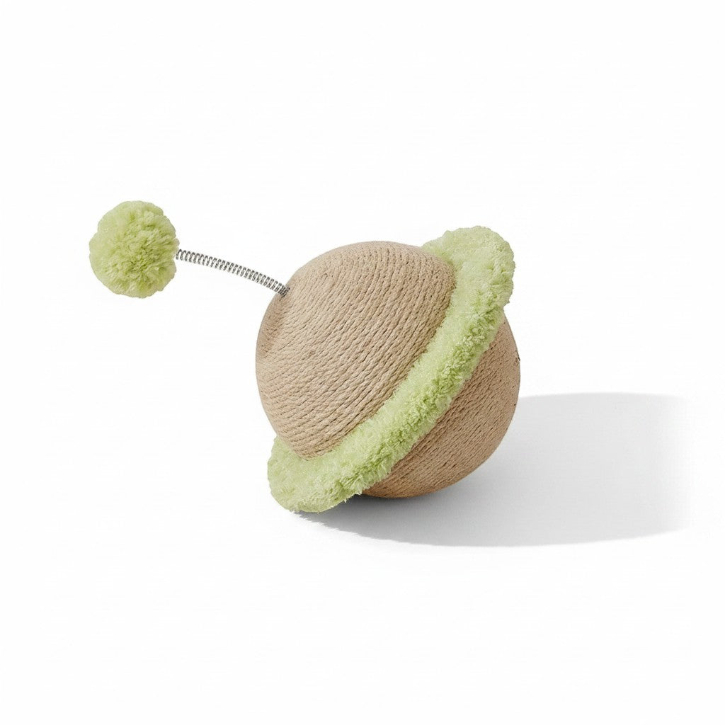 Little Pets Club Orbit Bounce Planet Cat Toy with green pom pom and ring, natural jute material.