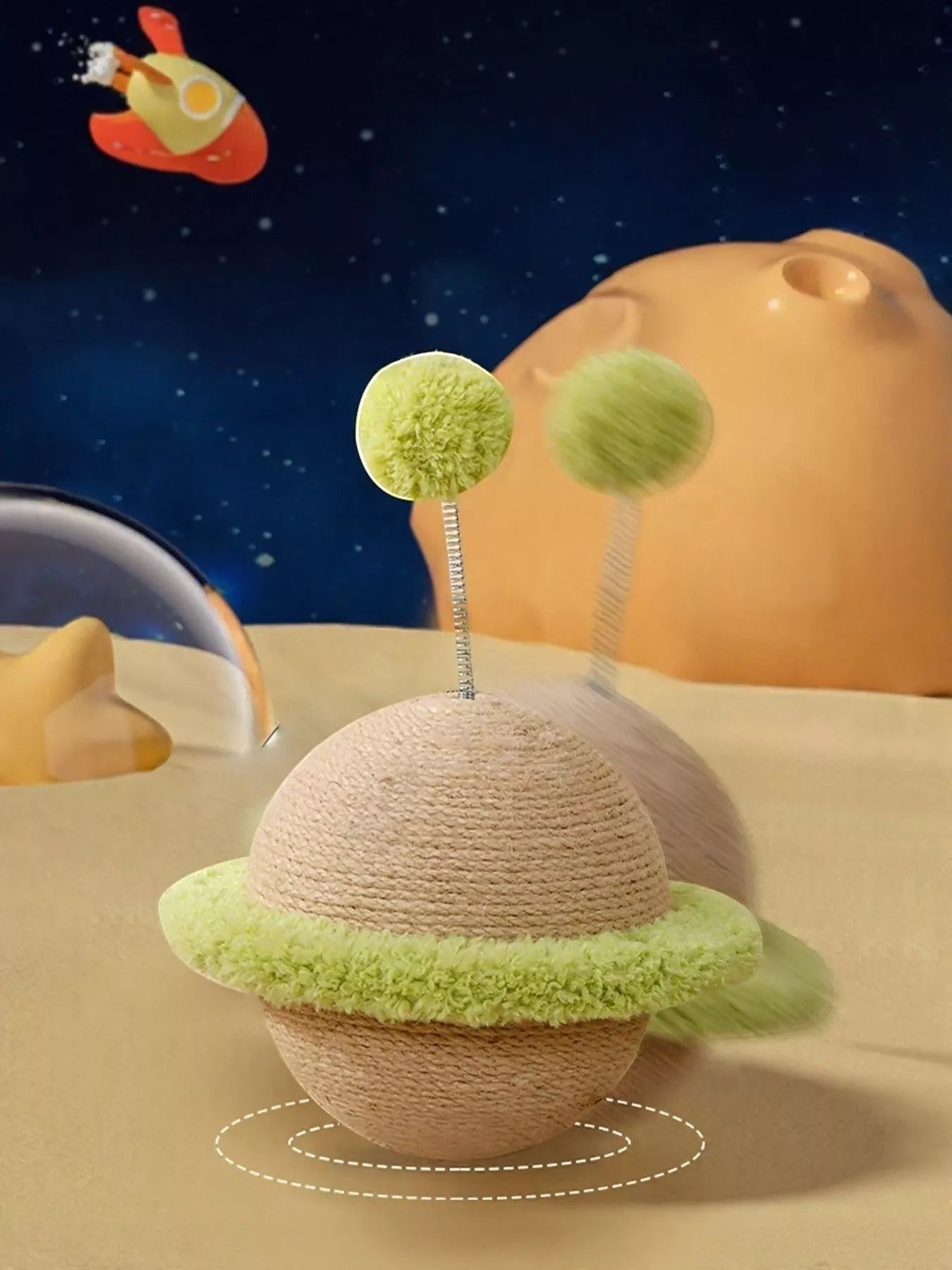 little pets club planet-shaped cat toy with green pom poms and textured scratching surface