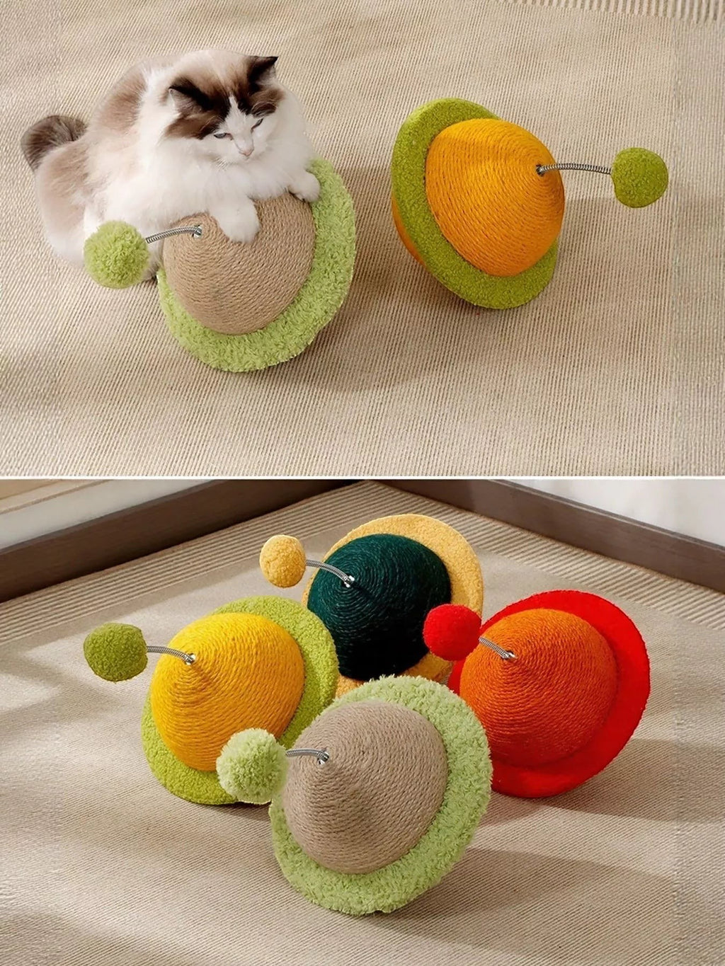 Little Pets Club Orbit Bounce Planet Cat Toy with scratching surface and pom pom, available in green, yellow, orange, and brown.