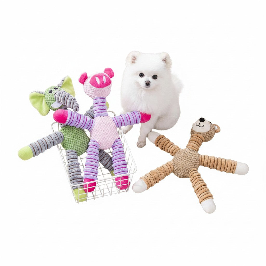 Little Pets Club plush animal dog toys in elephant, pig, and bear designs, made of polyester.