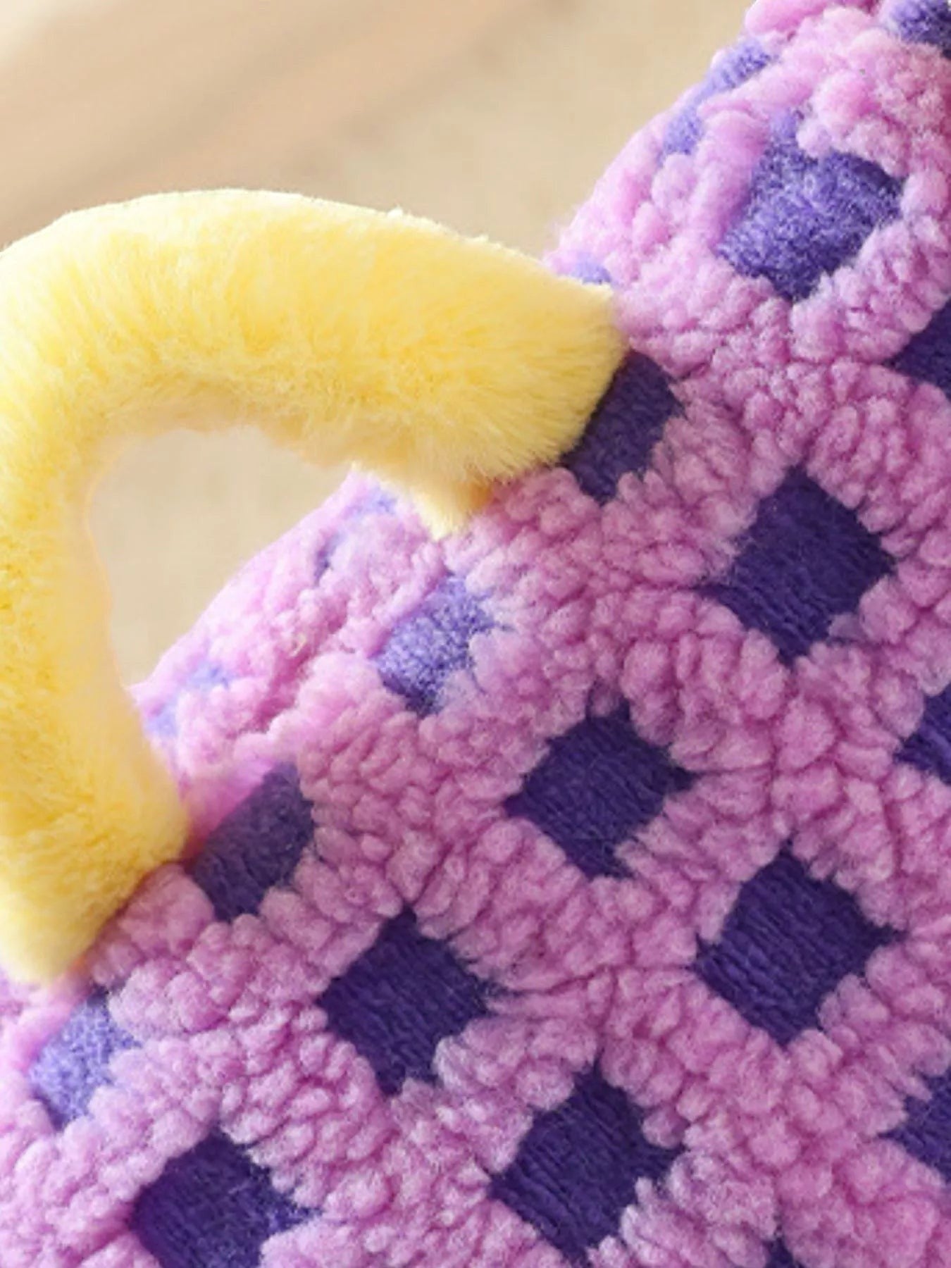 Little Pets Club purple and pink checkered plush cat tent bed with yellow fuzzy handle.