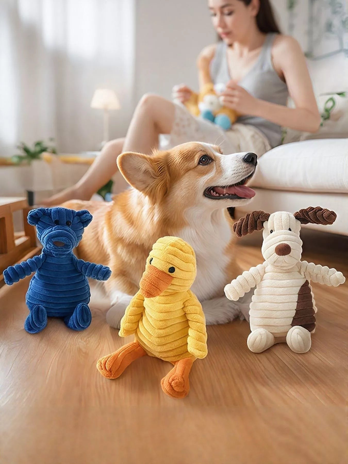 Little Pets Club plush corduroy animal toys: blue bear, yellow duck, and beige dog with brown patches. Ribbed texture.