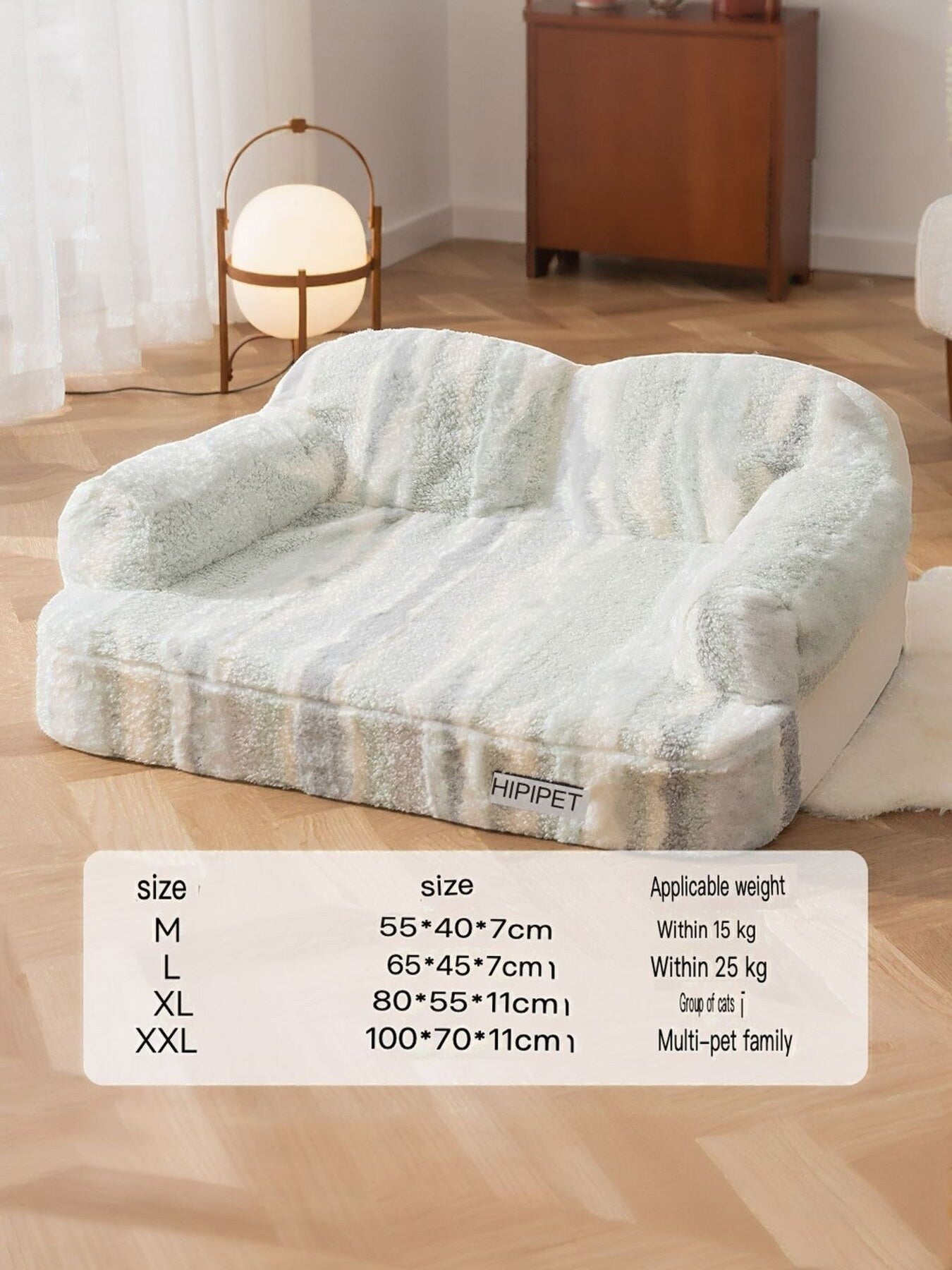 Little Pets Club ultra-soft plush pet sofa bed in a light blue and grey striped pattern with raised bolsters for cozy support.