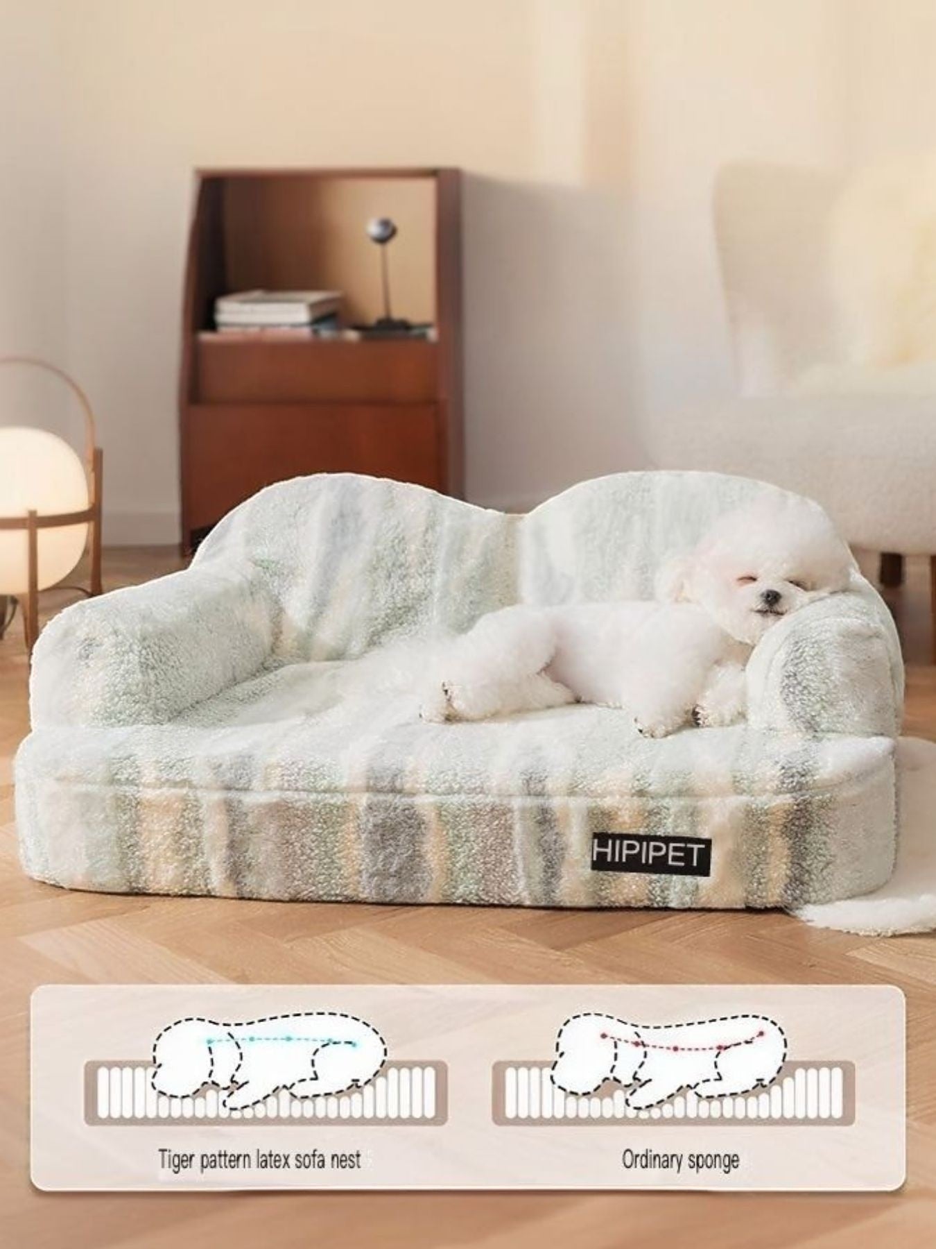 Little Pets Club ultra-soft plush pet sofa bed in light green and grey stripes, with a white bichon dog sleeping on it.