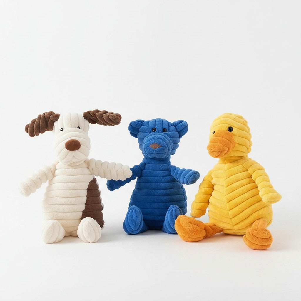 little pets club white and brown dog, blue bear, and yellow duck plush toys made of polyester