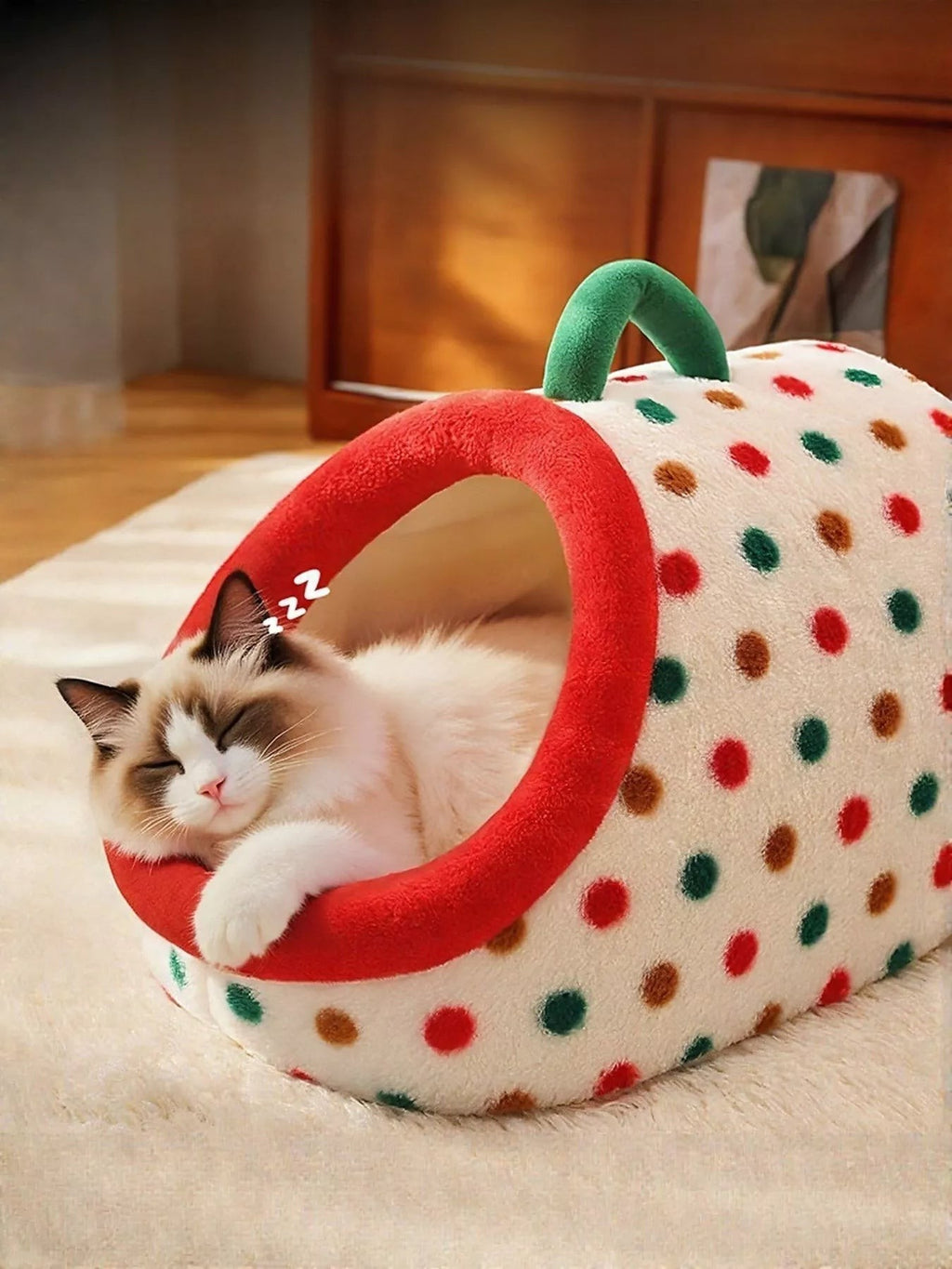 Little Pets Club plush enclosed cat bed with red trim, polka dot design, and green carry handle. A fluffy cat sleeps inside.