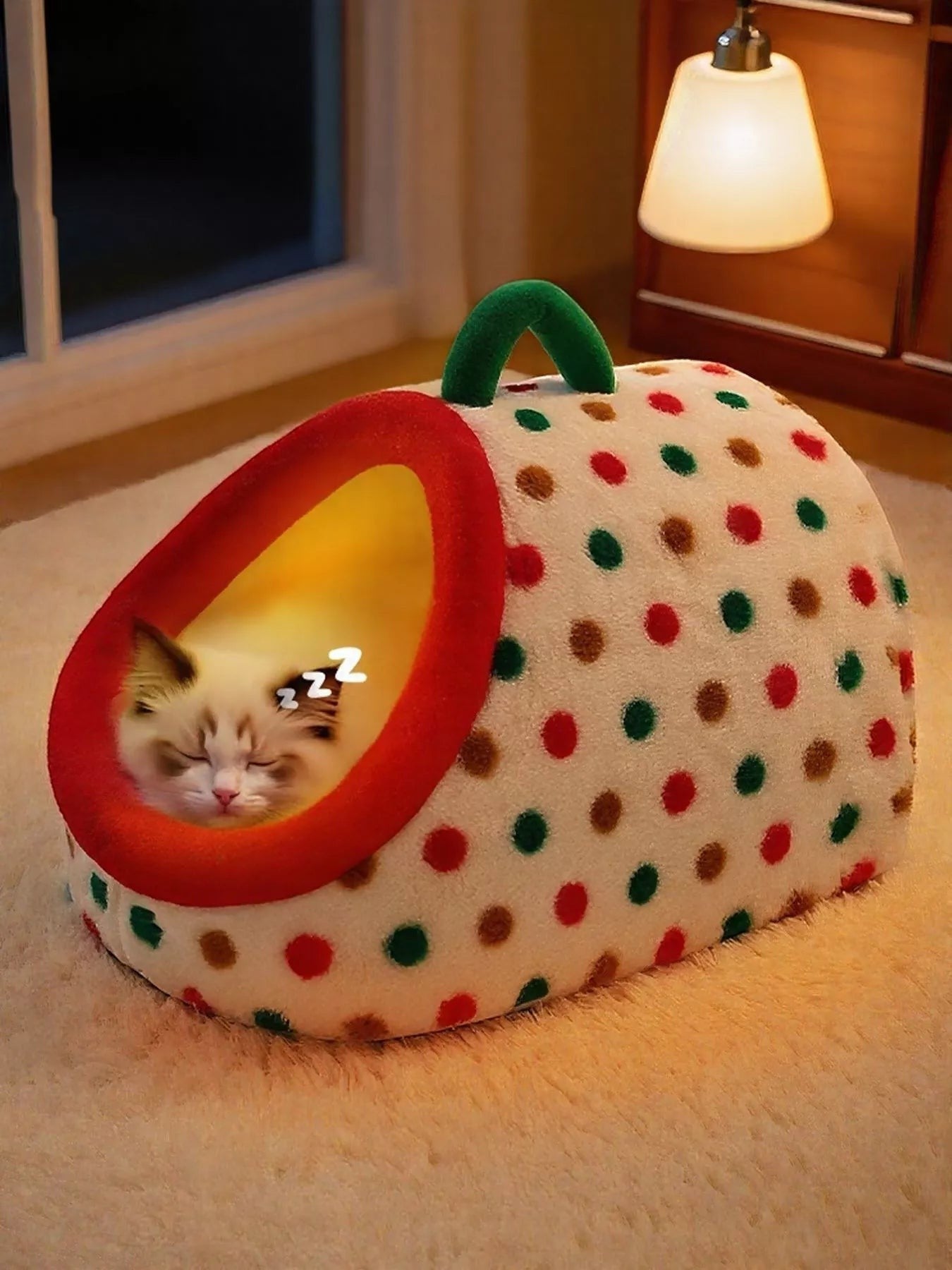 Little Pets Club plush cat cave bed with polka dot design and carry handle, featuring a sleeping cat inside.