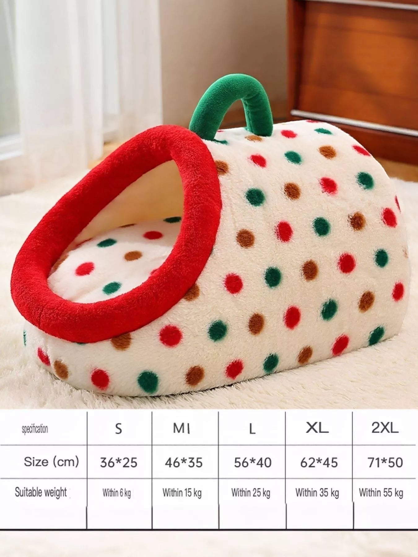 Little Pets Club plush enclosed cat bed with red rim, green handle, and a cream base with red, green, and brown polka dots.