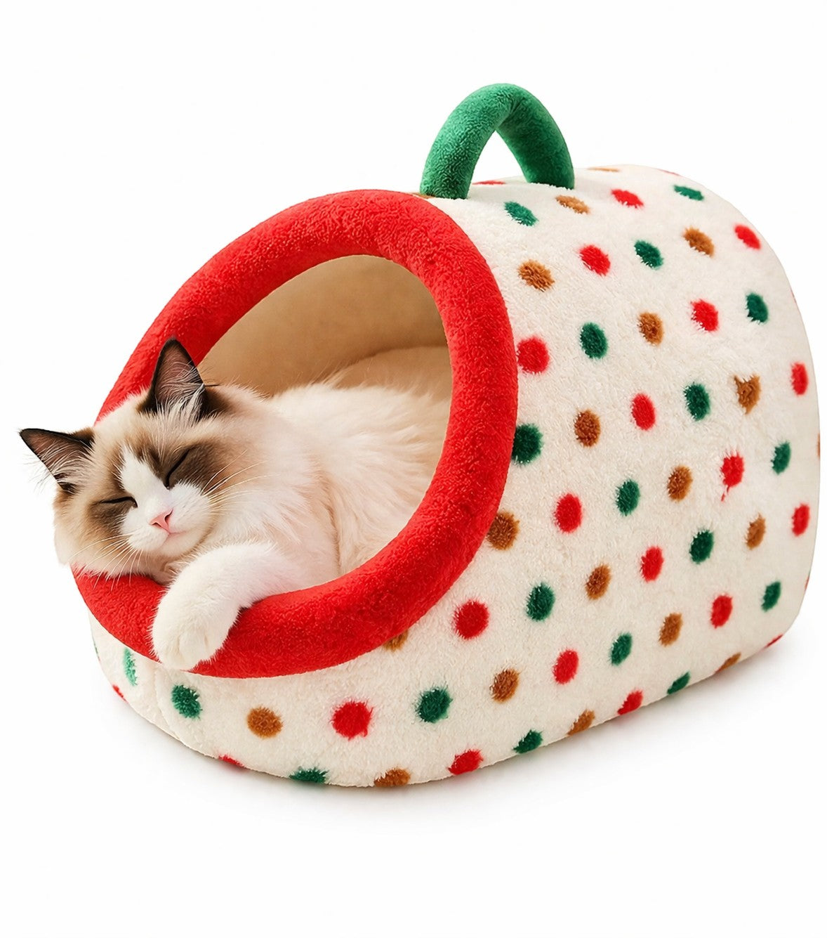 Little Pets Club plush enclosed cat bed in cream with red, green, and brown polka dots, featuring a red rim and green carry handle. A Ragdoll cat sleeps inside.