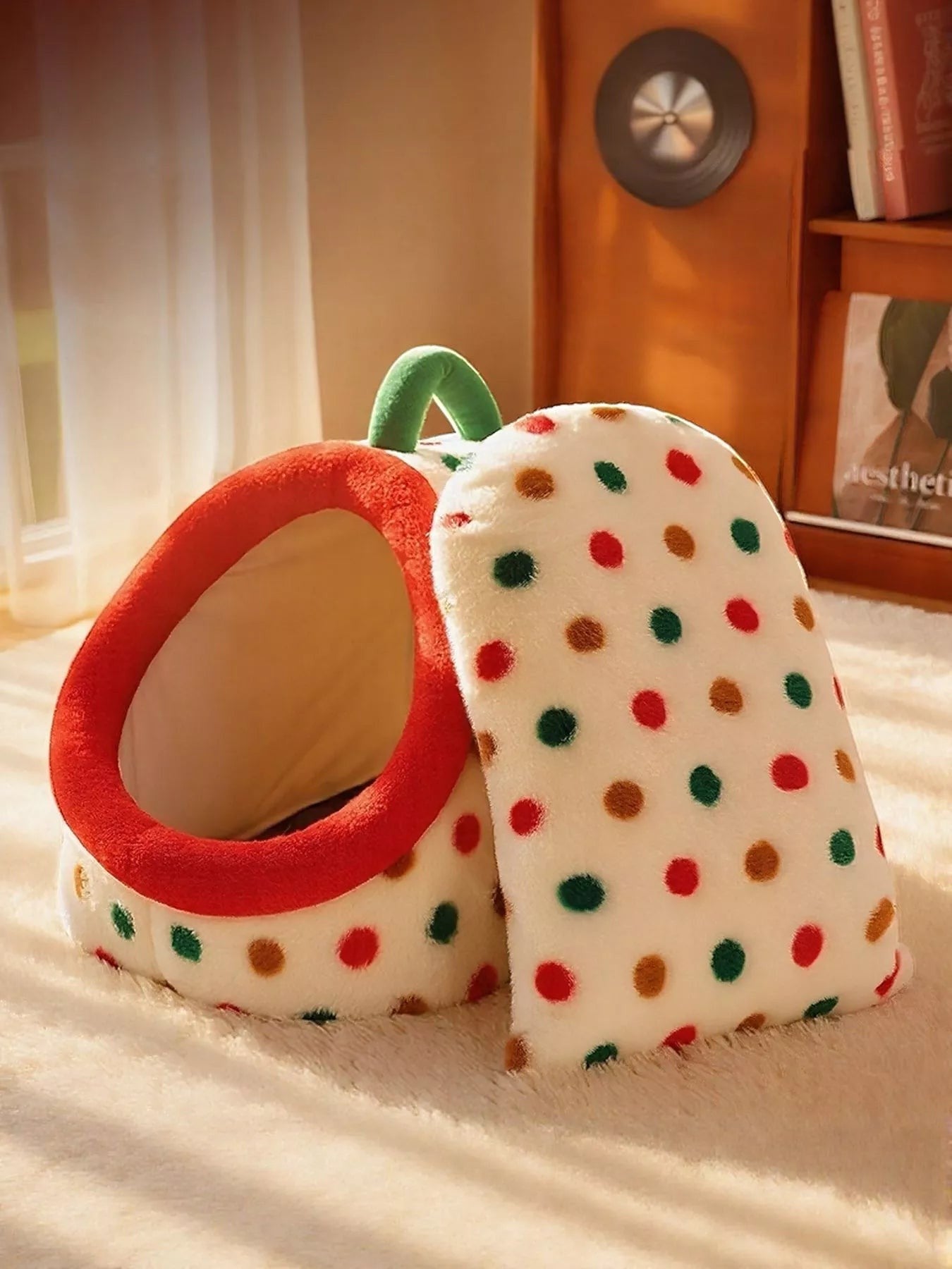 Little Pets Club plush enclosed cat bed in white with red, green, and brown polka dots and a red rim.