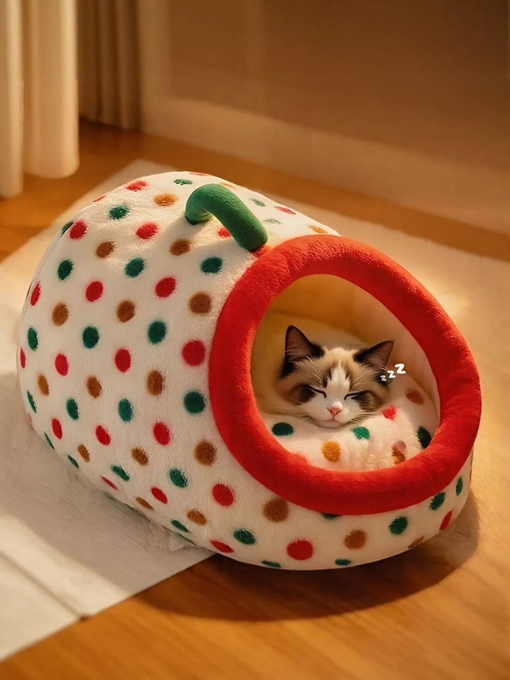 Little Pets Club plush enclosed cat bed with polka dot design and red trim, featuring a sleeping cat inside.