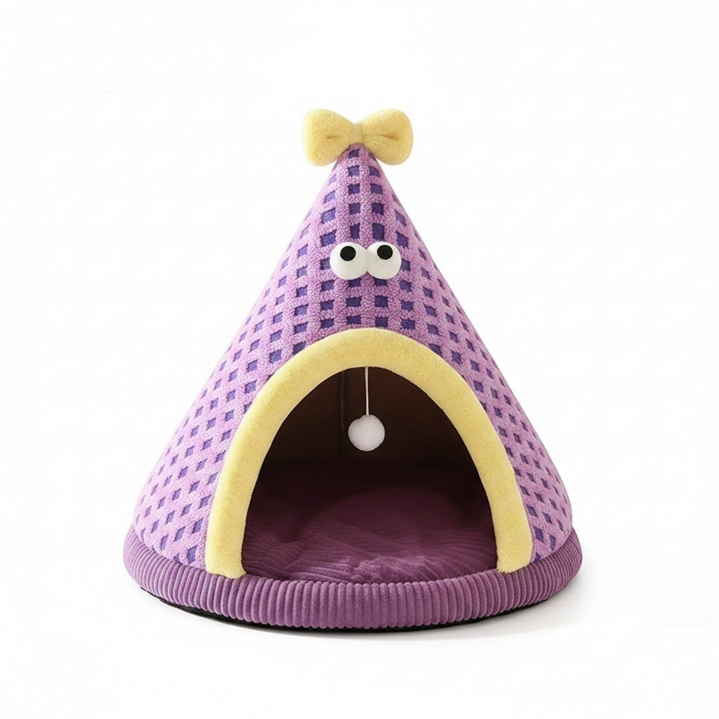 Little Pets Club purple plush cat tent bed with yellow trim, googly eyes, and a yellow bow. Features a dangling toy inside.