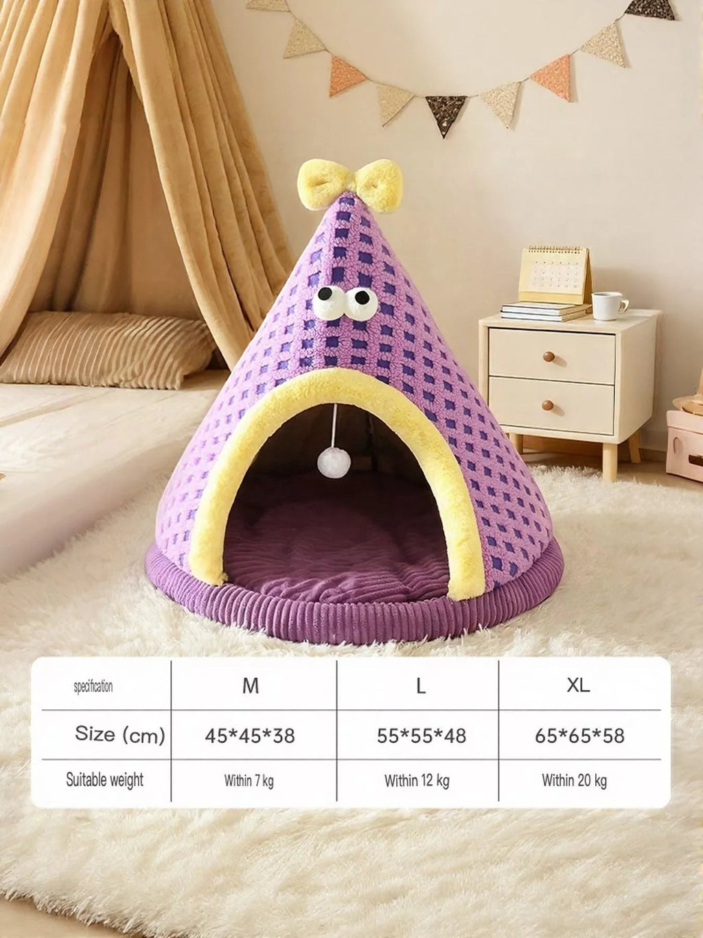 little pets club purple plush cat tent bed with yellow trim and bow, featuring cartoon eyes and a dangling toy.