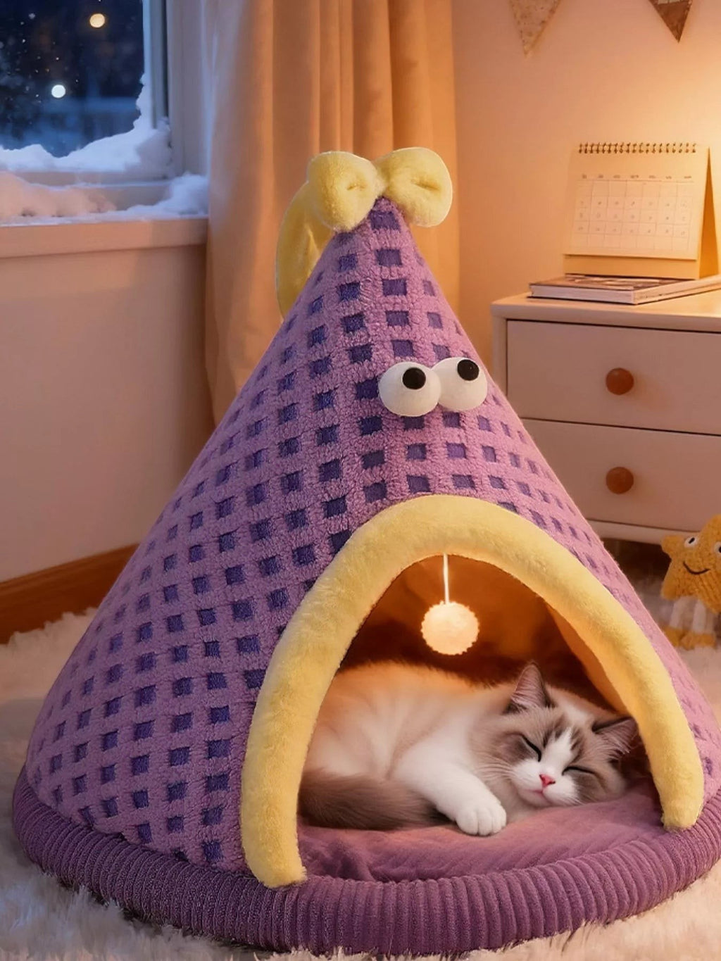 Little Pets Club purple plush cat tent bed with yellow trim and a sleeping cat inside.