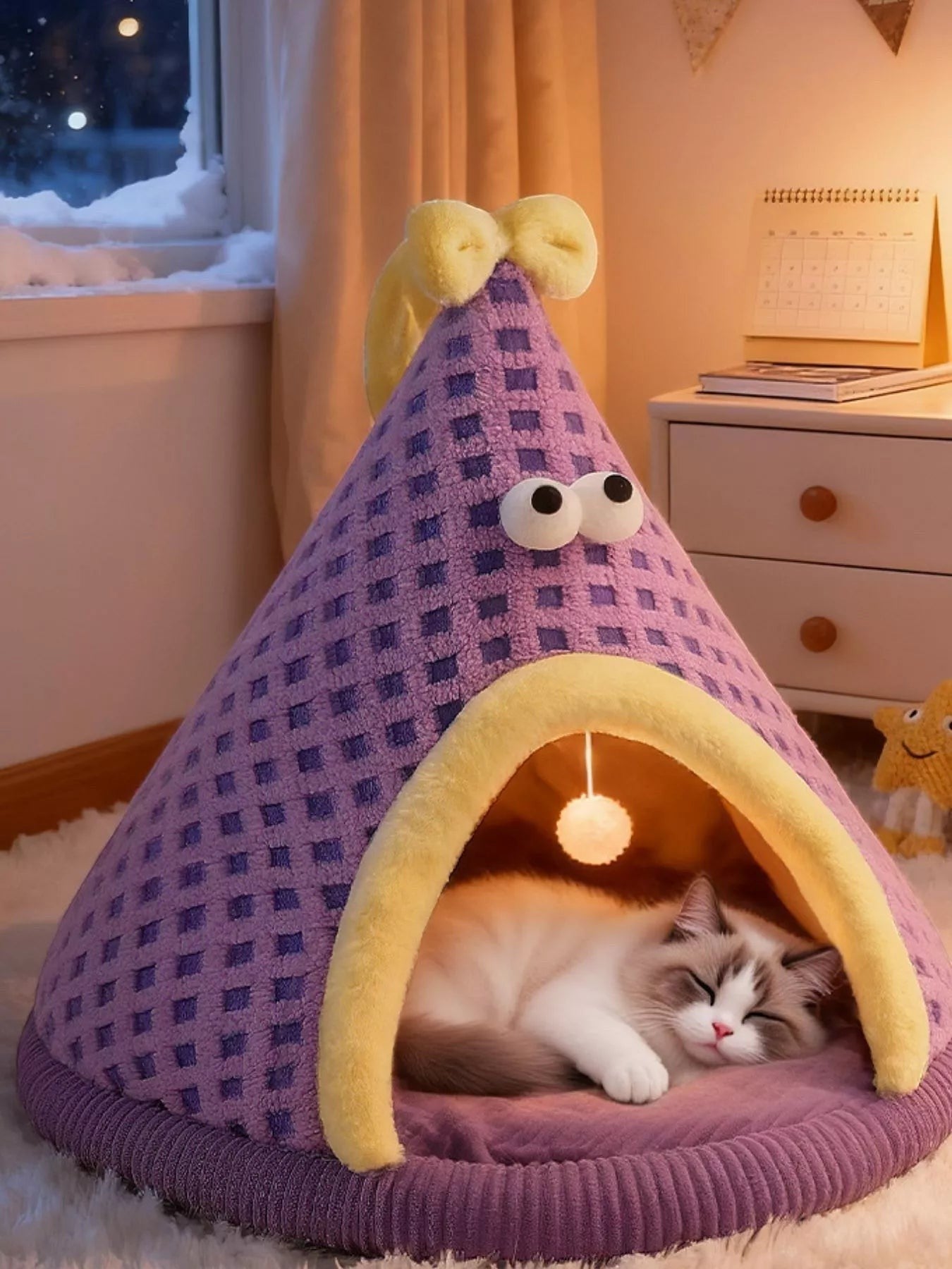 Little Pets Club purple plush cat tent bed with yellow trim and a sleeping cat inside.