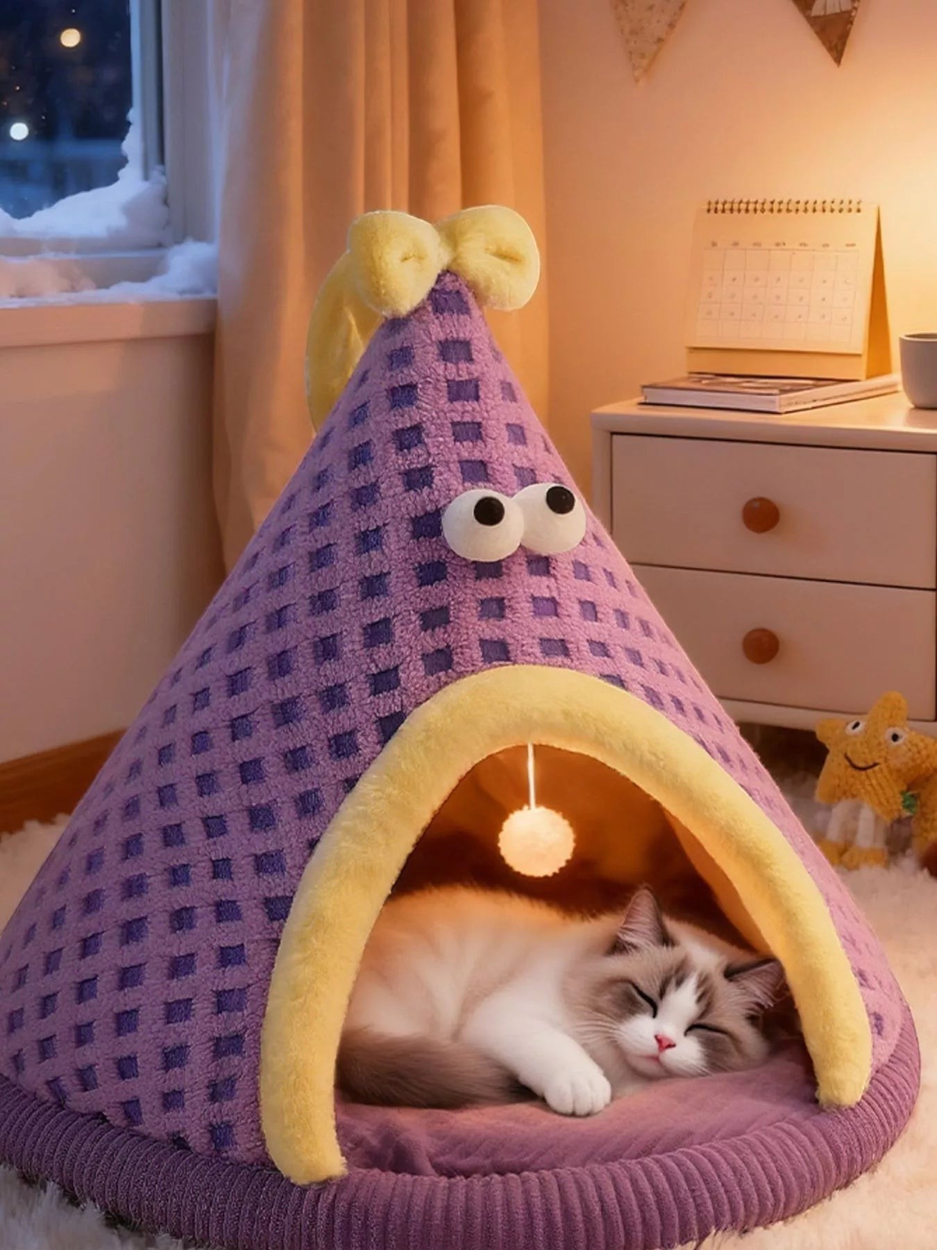 Little Pets Club purple plush cat tent bed with yellow trim and a hanging pom-pom toy. A fluffy cat sleeps inside.