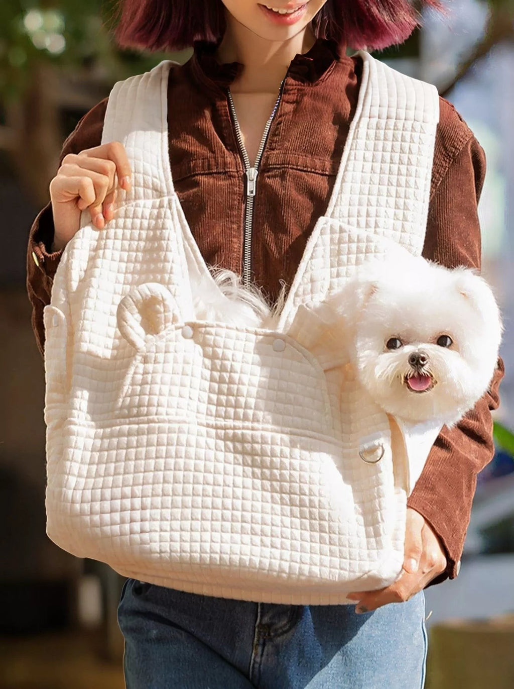 Little Pets Club cream quilted pet carrier tote bag with adjustable straps, featuring a small white dog peeking out.