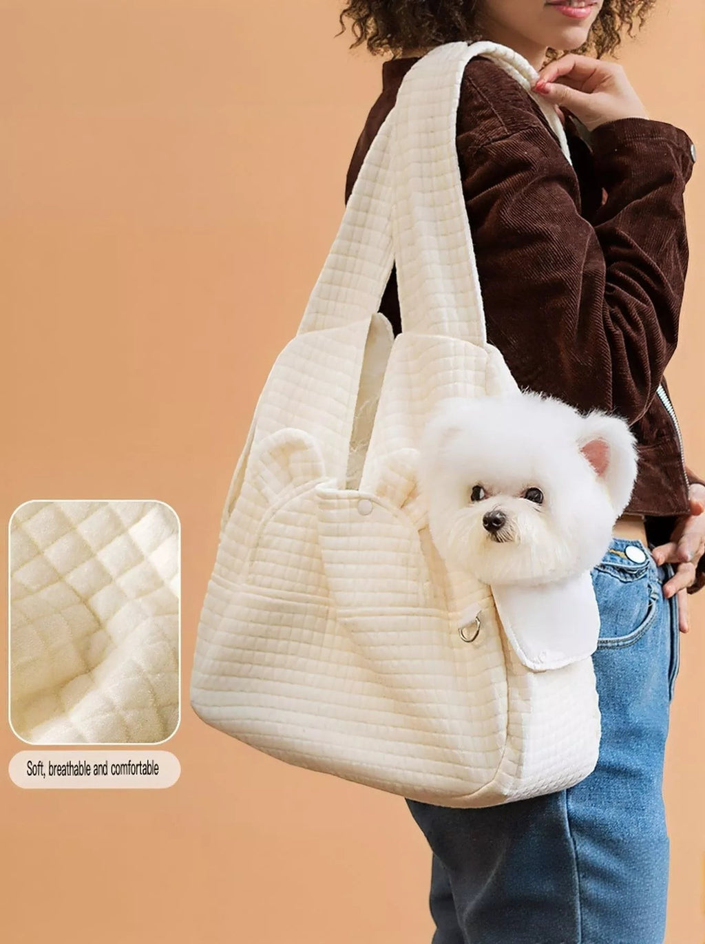 Little Pets Club cream quilted pet carrier tote bag with a small white dog peeking out. Features include ear details and adjustable straps.