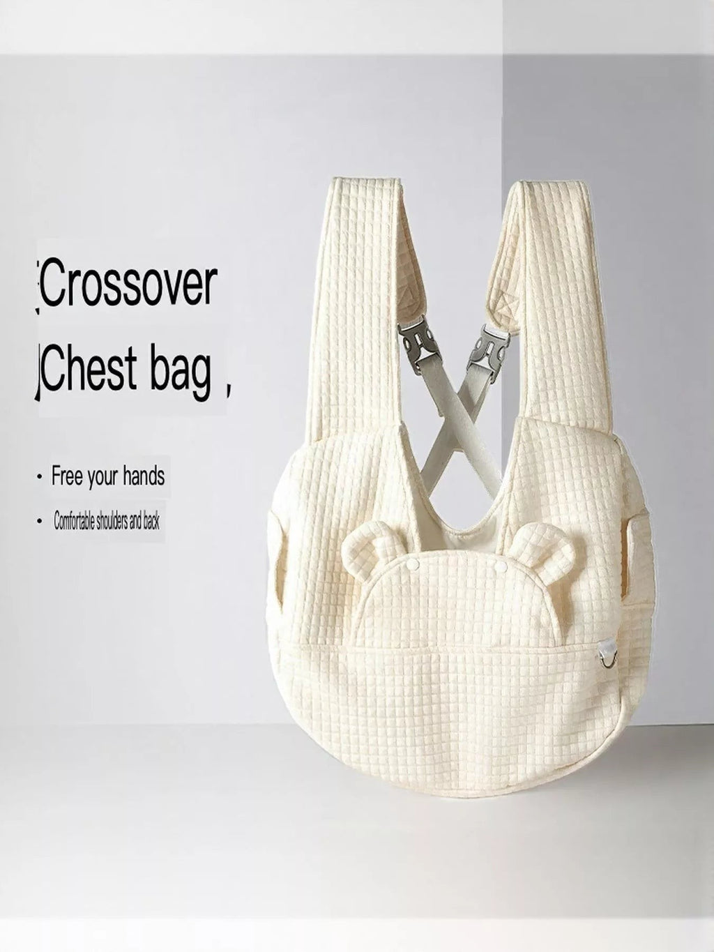 Little Pets Club cream quilted pet carrier tote bag with bear ears detail and adjustable straps.
