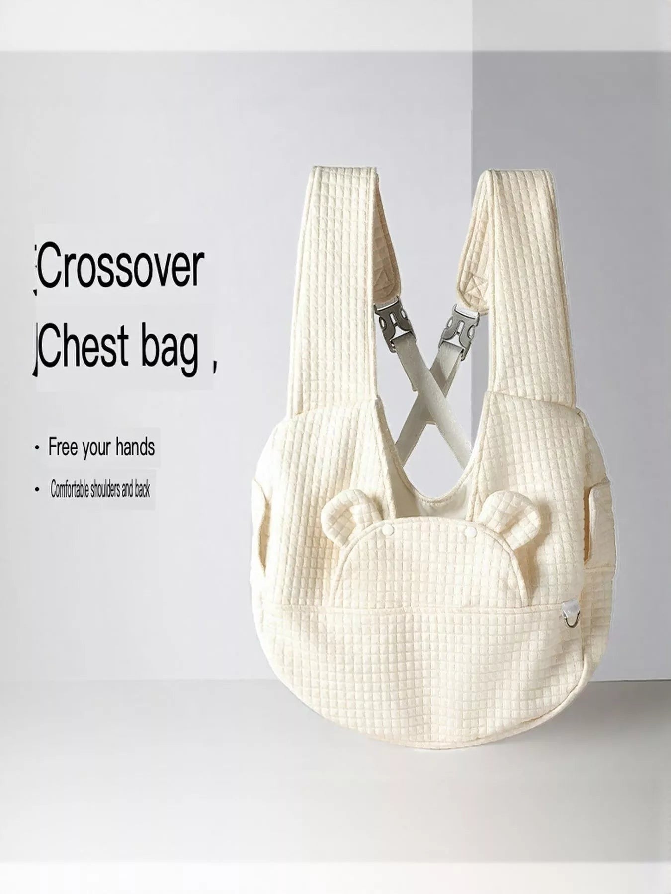 Little Pets Club cream quilted pet carrier tote bag with bear ears detail and adjustable straps.