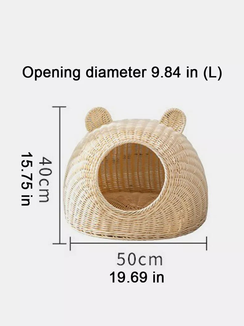 Little Pets Club natural rattan-style woven pet bed with bear ears, 19.69 in diameter, perfect for cats and small pets.