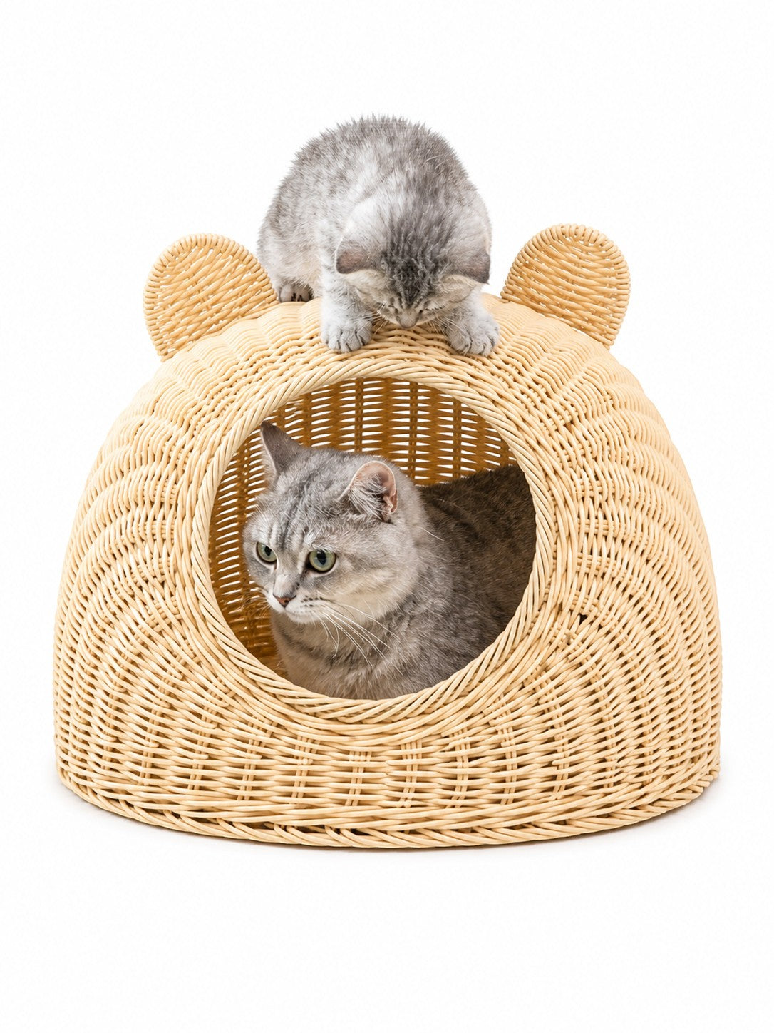 Little Pets Club natural rattan-style woven cat bed with bear ears. A grey cat sits inside, and a kitten rests on top.
